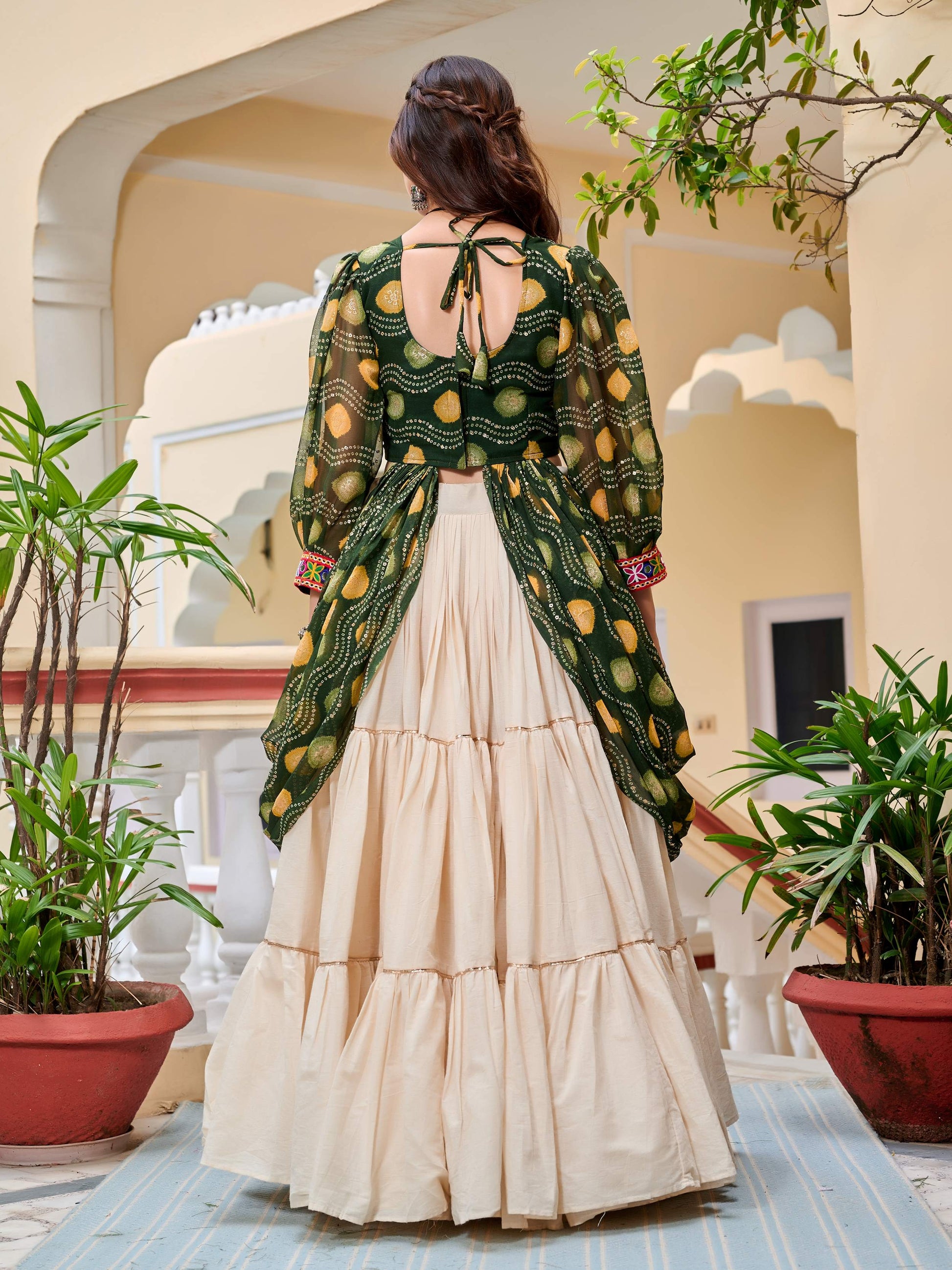 Excellent Green Cotton Mirror Work Navratri Wear Lehenga Choli