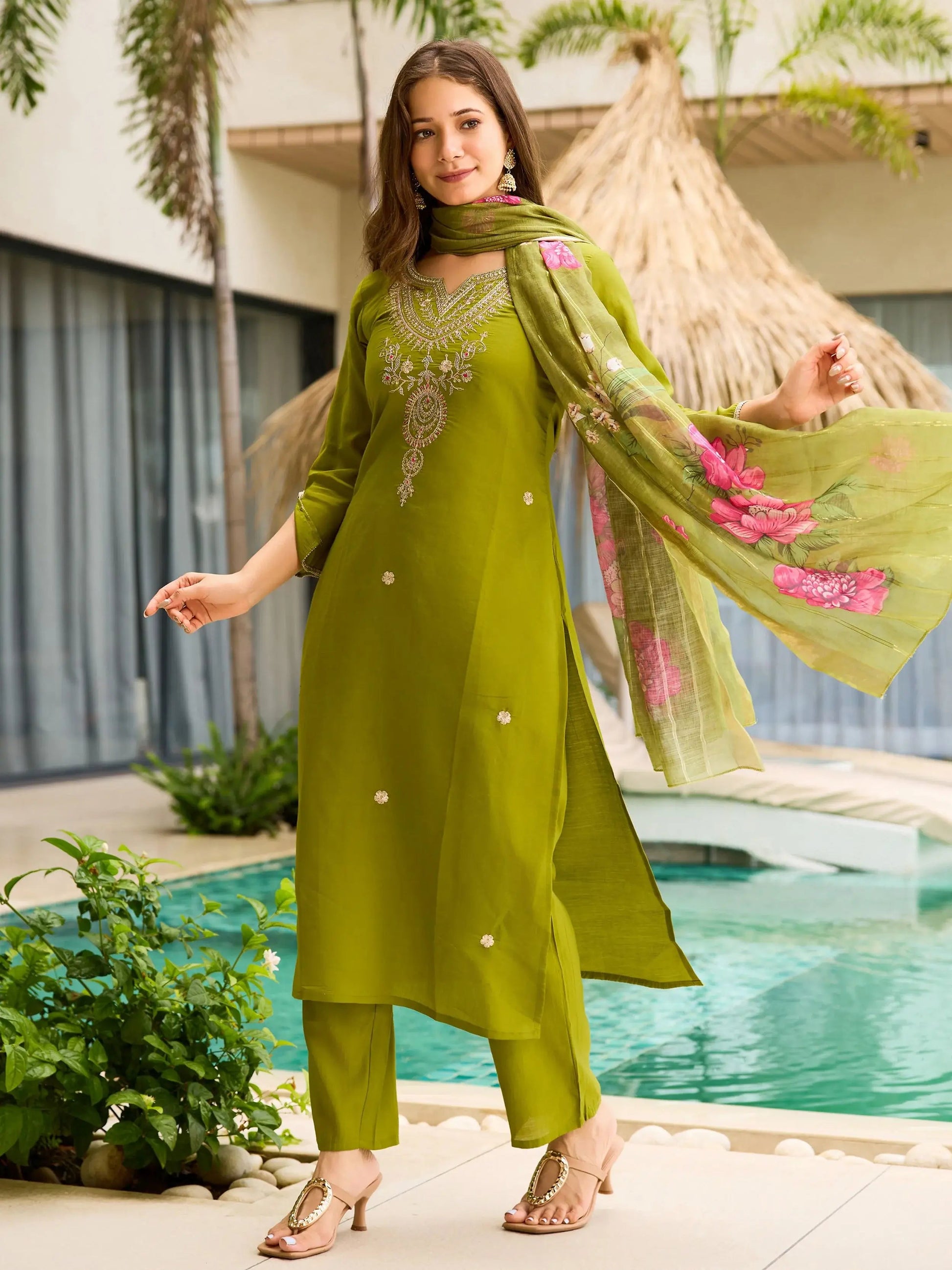 Impressive Green Viscose Embroidered Mehendi Wear Pant Suit
