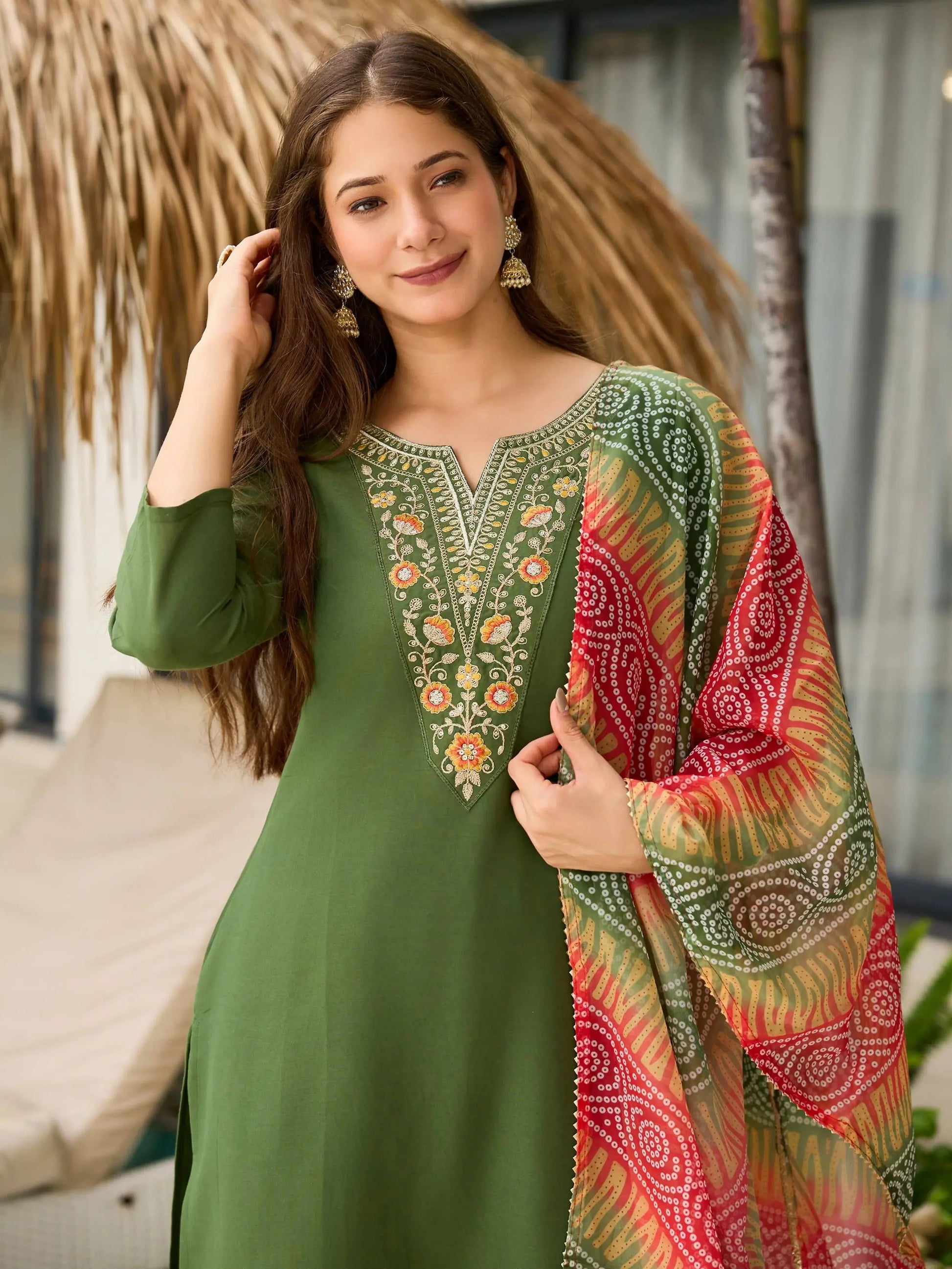 Lovely Green Rayon Sequins Pant Suit With Bandhani Dupatta