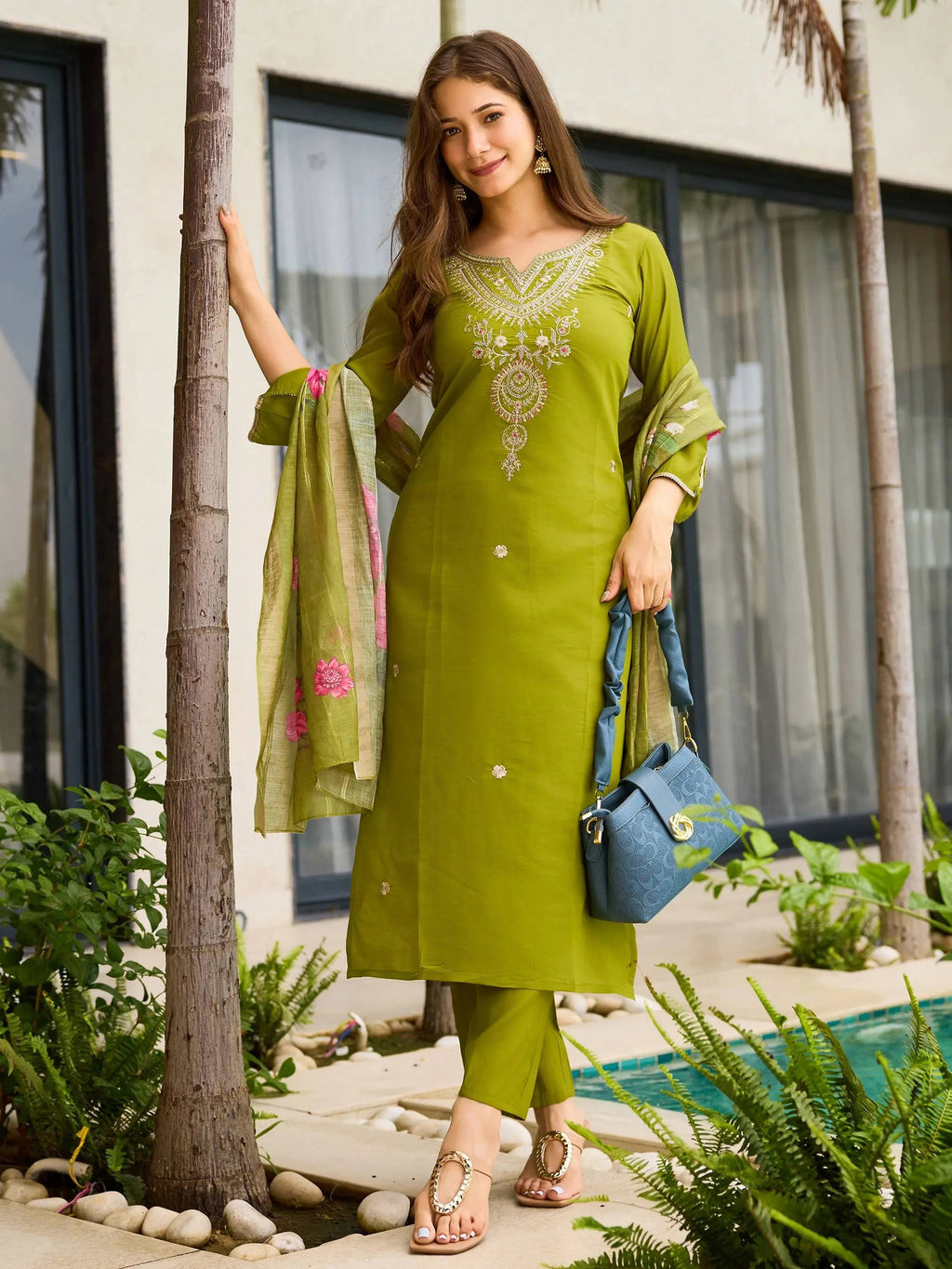 Impressive Green Viscose Embroidered Mehendi Wear Pant Suit