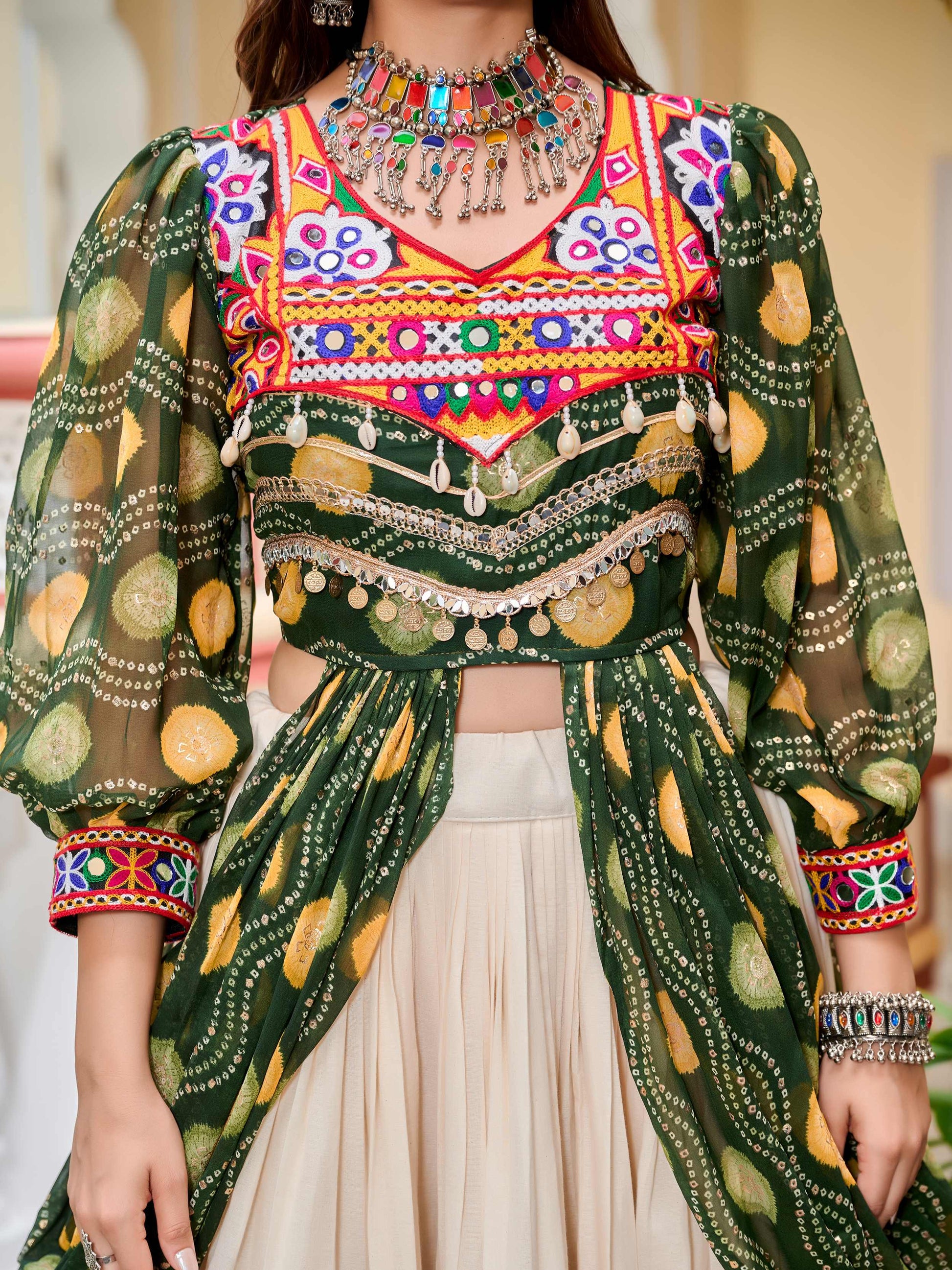 Excellent Green Cotton Mirror Work Navratri Wear Lehenga Choli