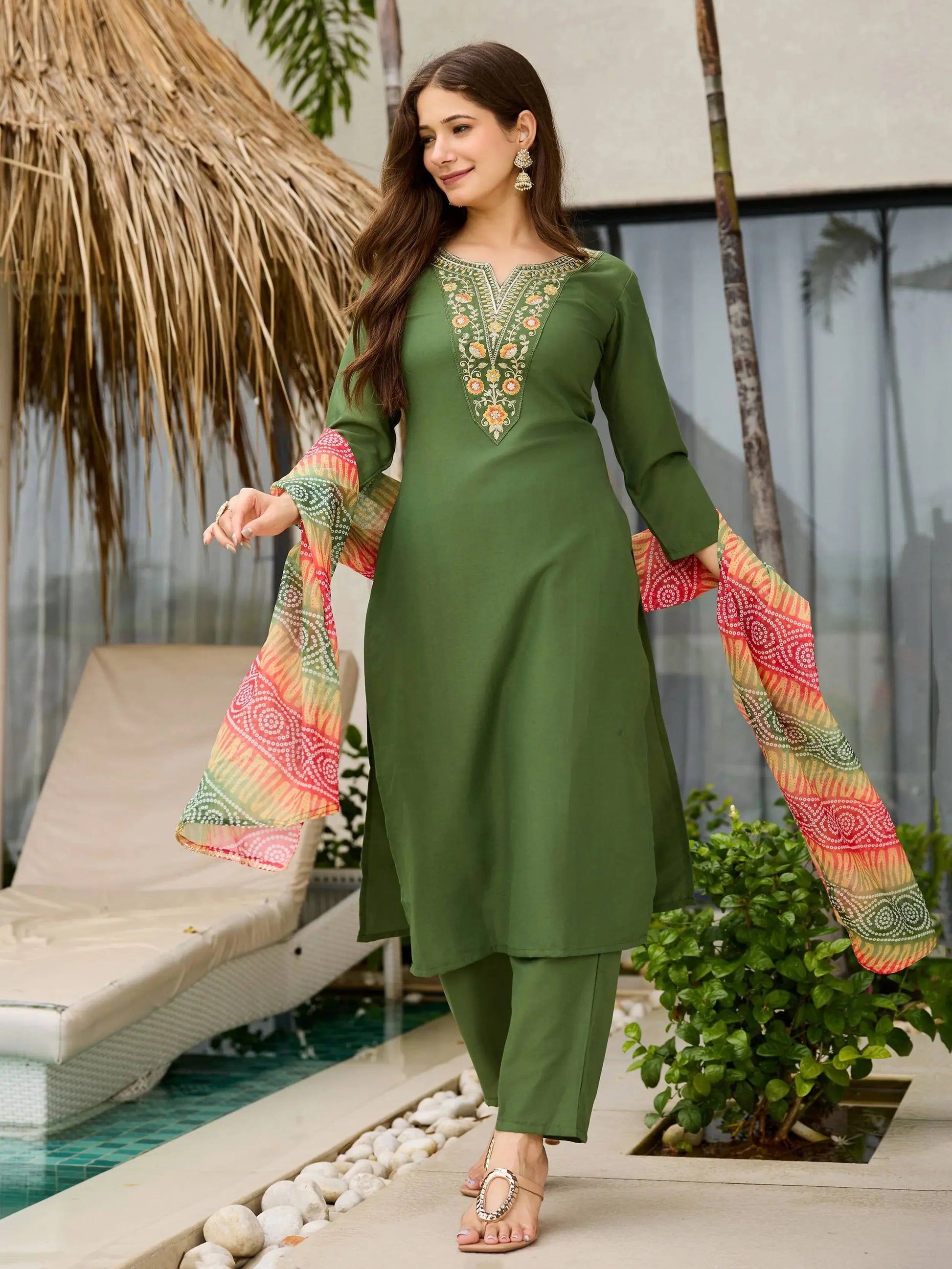 Lovely Green Rayon Sequins Pant Suit With Bandhani Dupatta