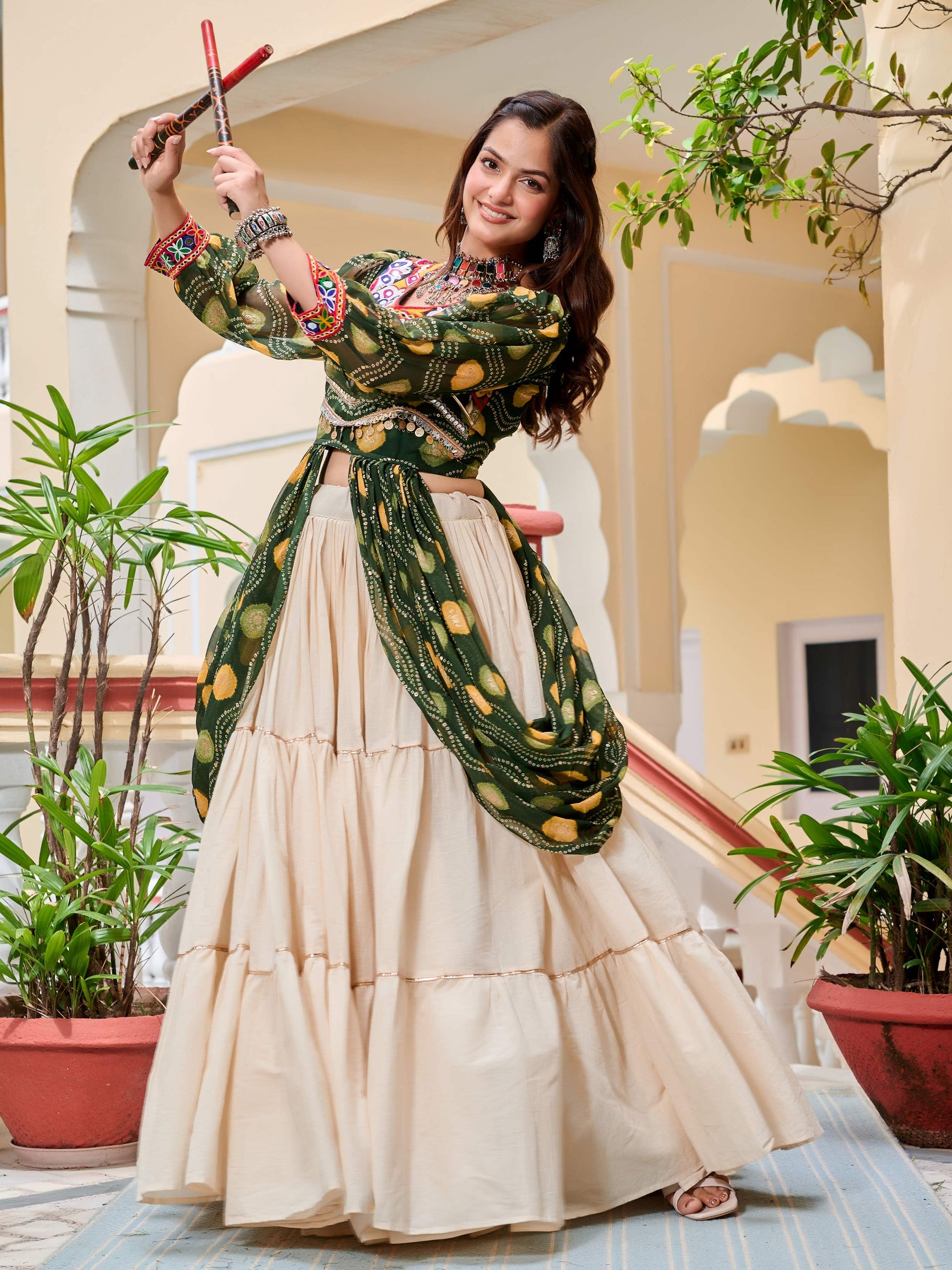 Excellent Green Cotton Mirror Work Navratri Wear Lehenga Choli