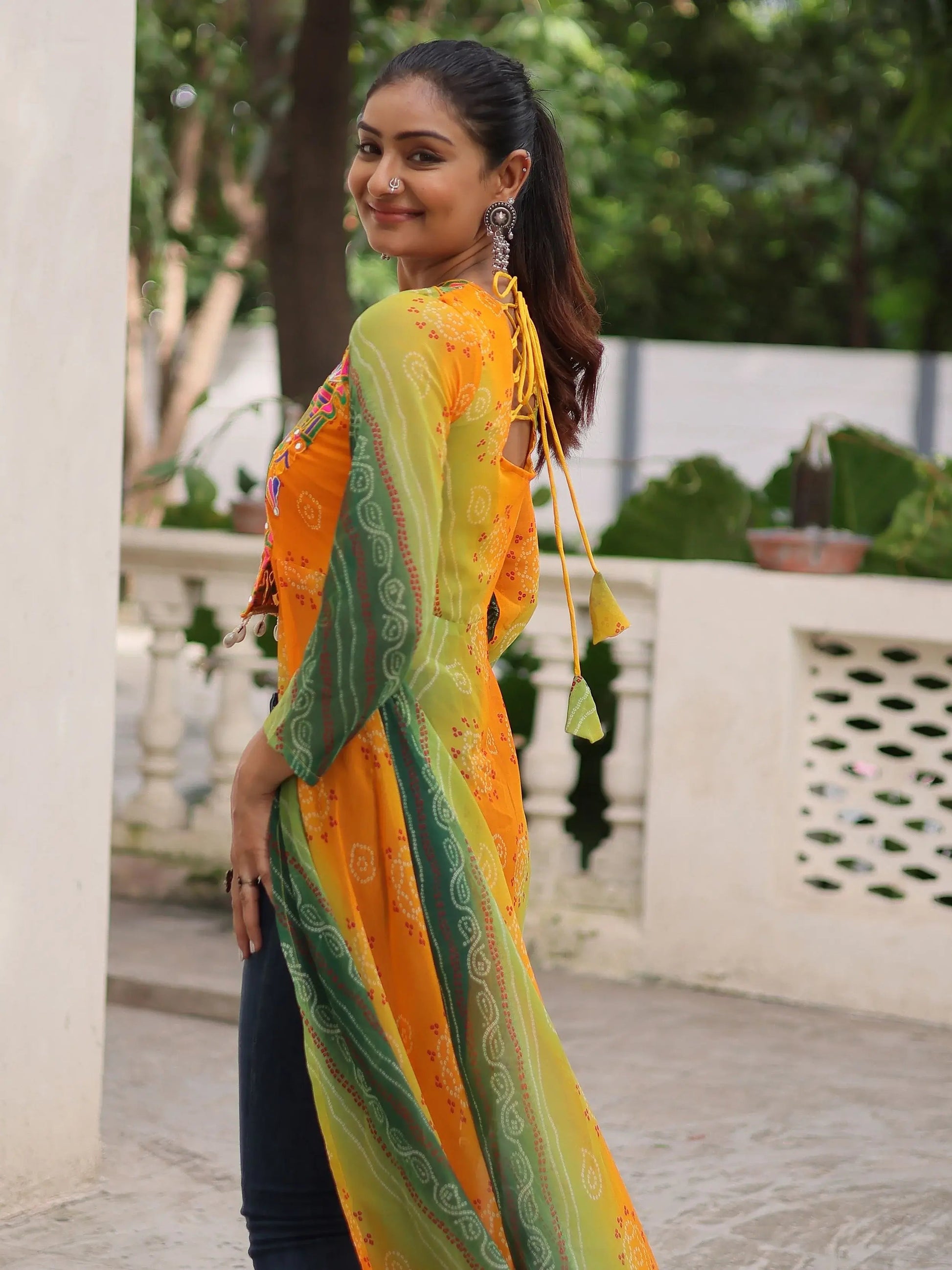 Adorable Green Georgette Bandhani Printed Festival Wear Kurti