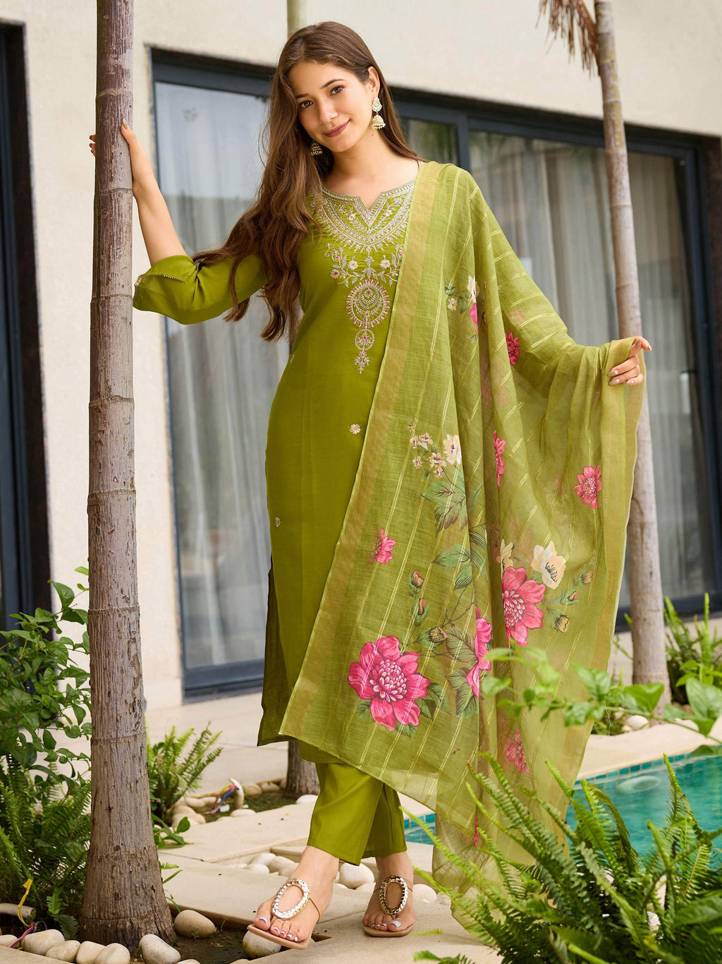 Impressive Green Viscose Embroidered Mehendi Wear Pant Suit