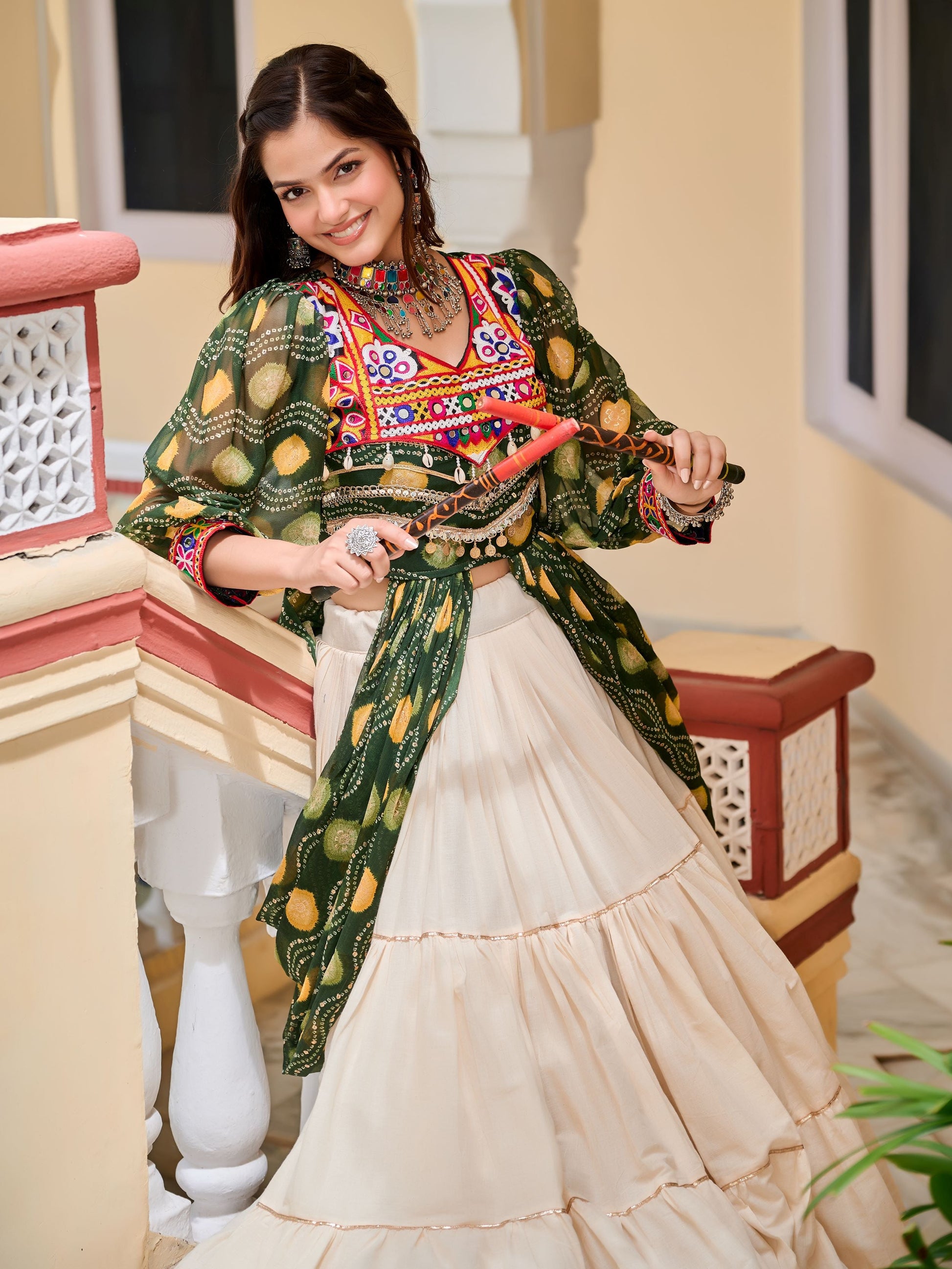 Excellent Green Cotton Mirror Work Navratri Wear Lehenga Choli