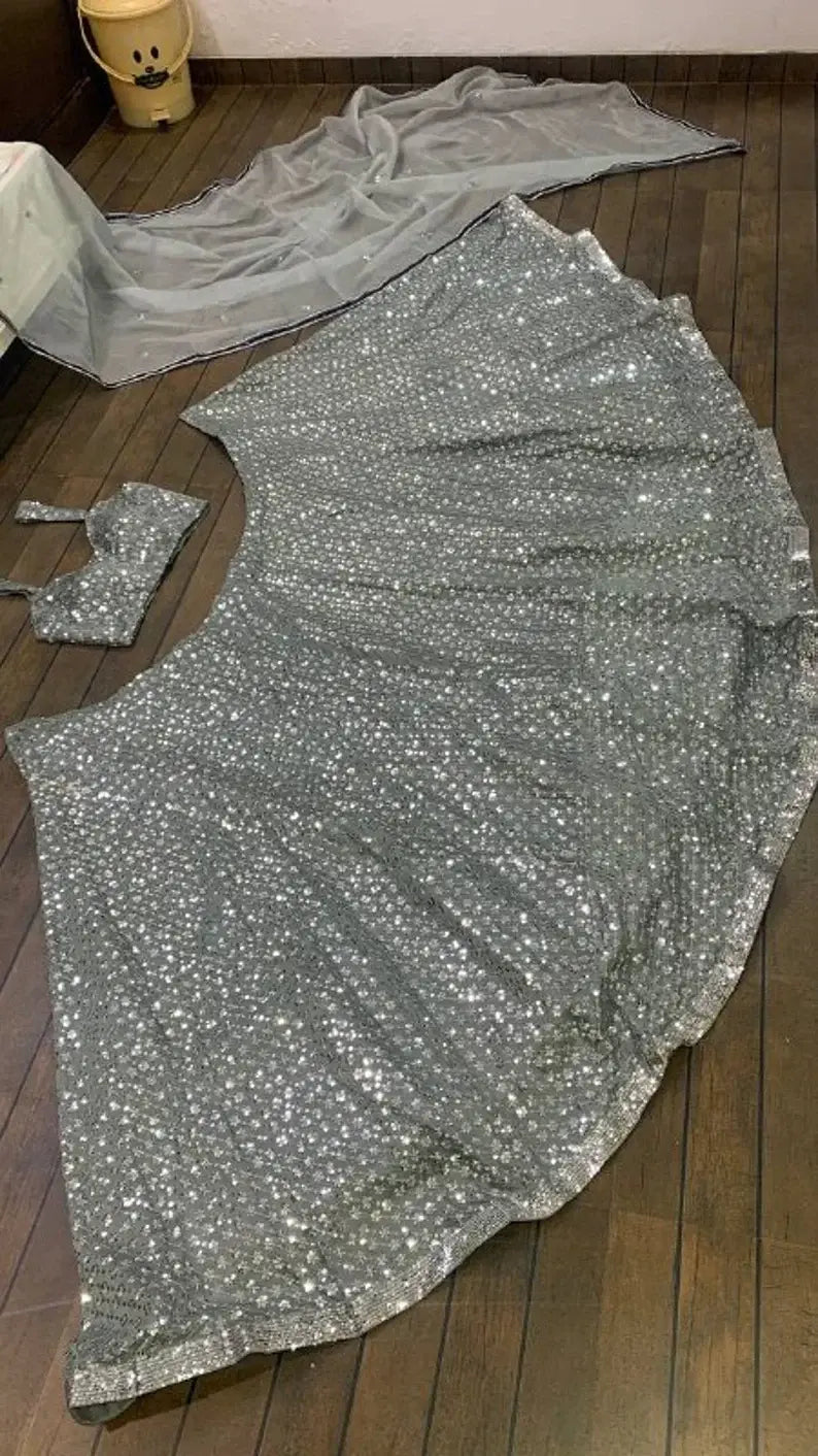 Gorgeous Grey Net Sequins Party Wear Lehenga Choli With Dupatta