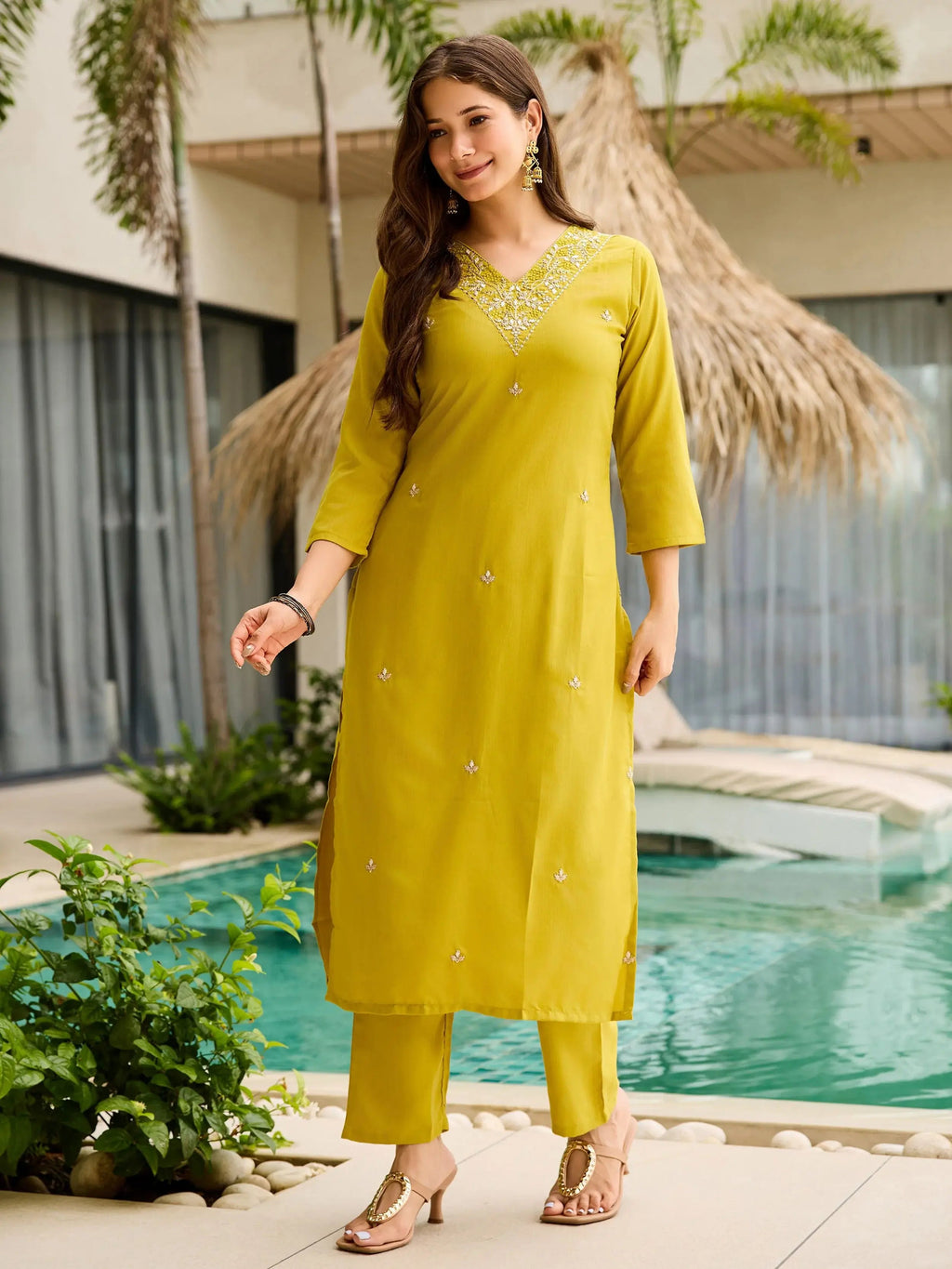 Precious Yellow Rayon Embroidered Straight Suit With Printed Dupatta
