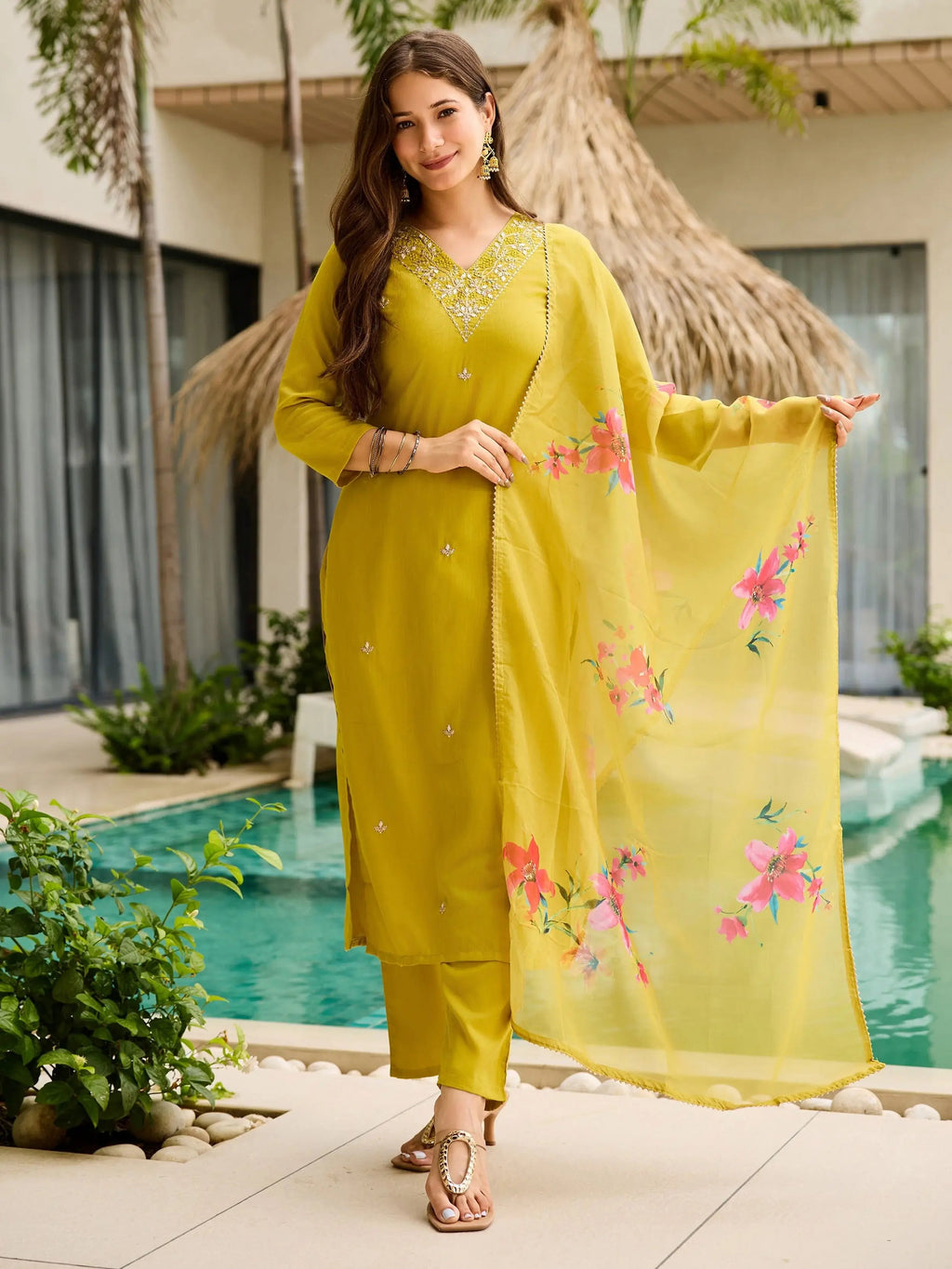 Precious Yellow Rayon Embroidered Straight Suit With Printed Dupatta
