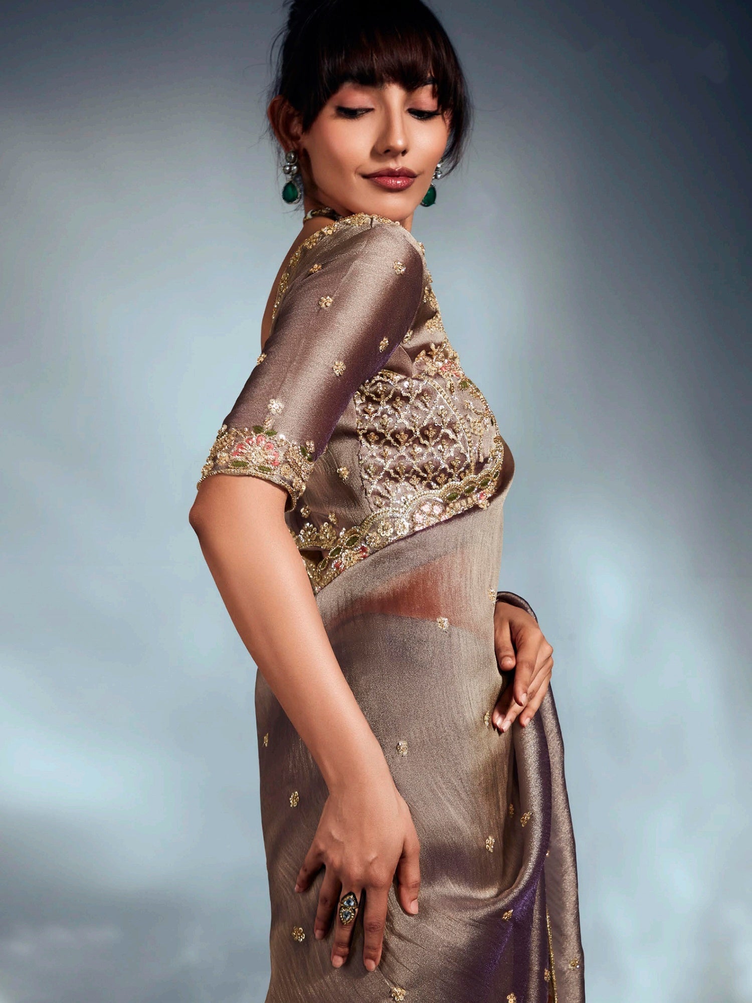 Mesmerizing Light Brown Organza Cut Dana Work Function Wear Saree