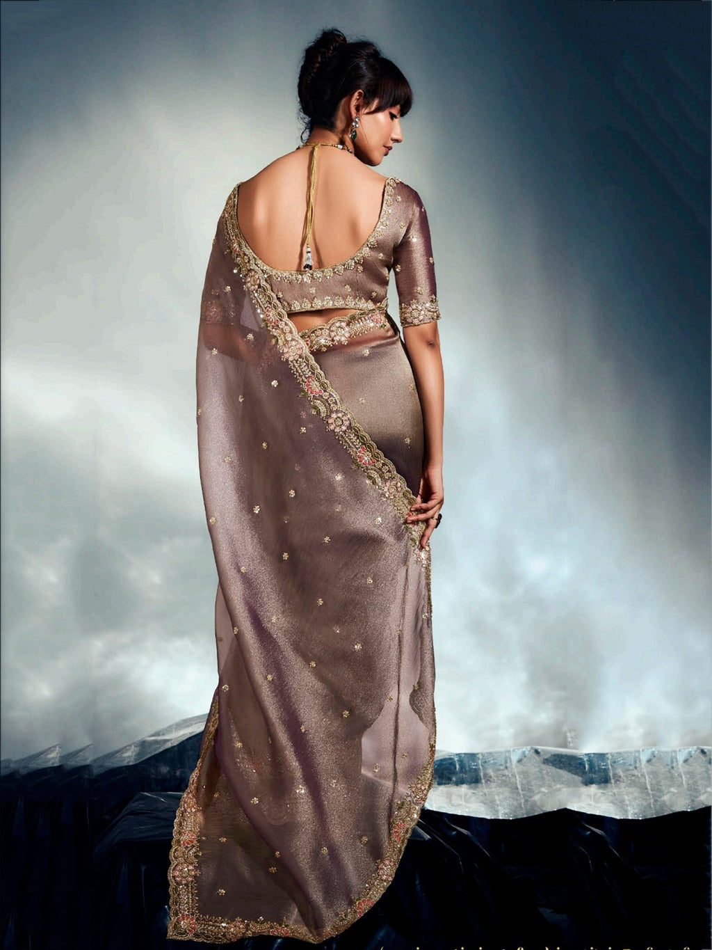 Mesmerizing Light Brown Organza Cut Dana Work Function Wear Saree