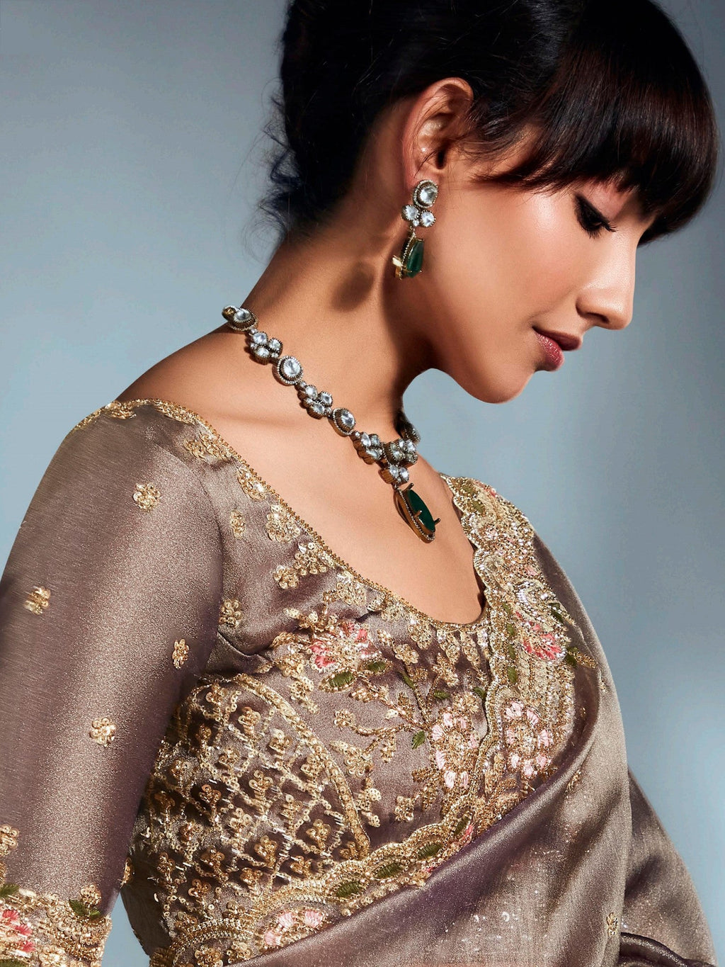 Mesmerizing Light Brown Organza Cut Dana Work Function Wear Saree