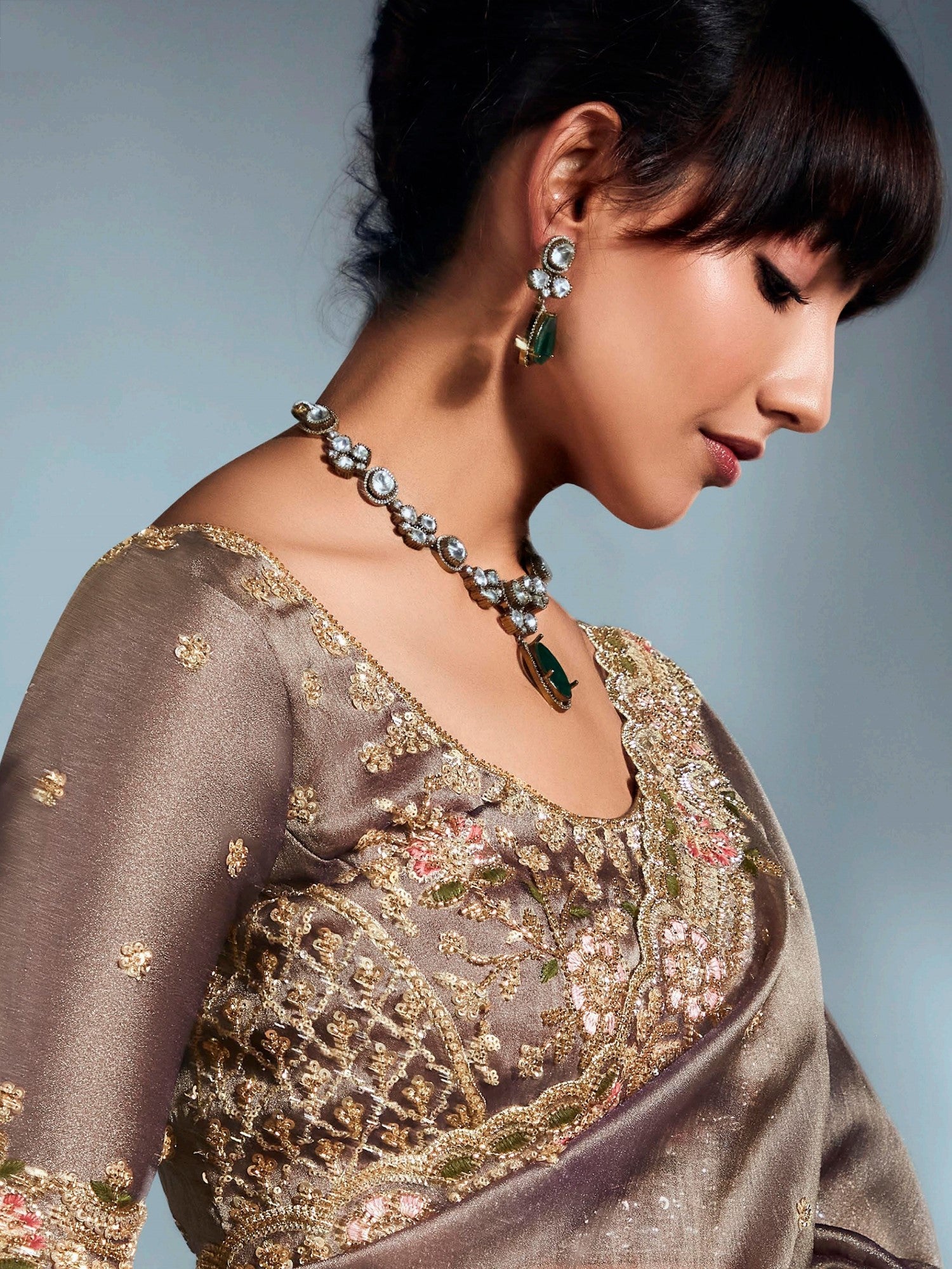 Mesmerizing Light Brown Organza Cut Dana Work Function Wear Saree