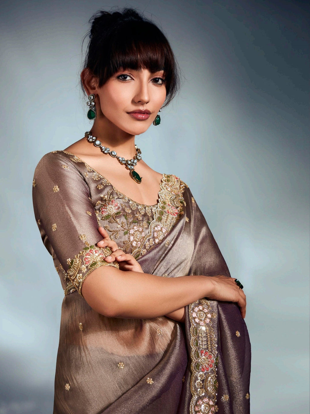 Mesmerizing Light Brown Organza Cut Dana Work Function Wear Saree