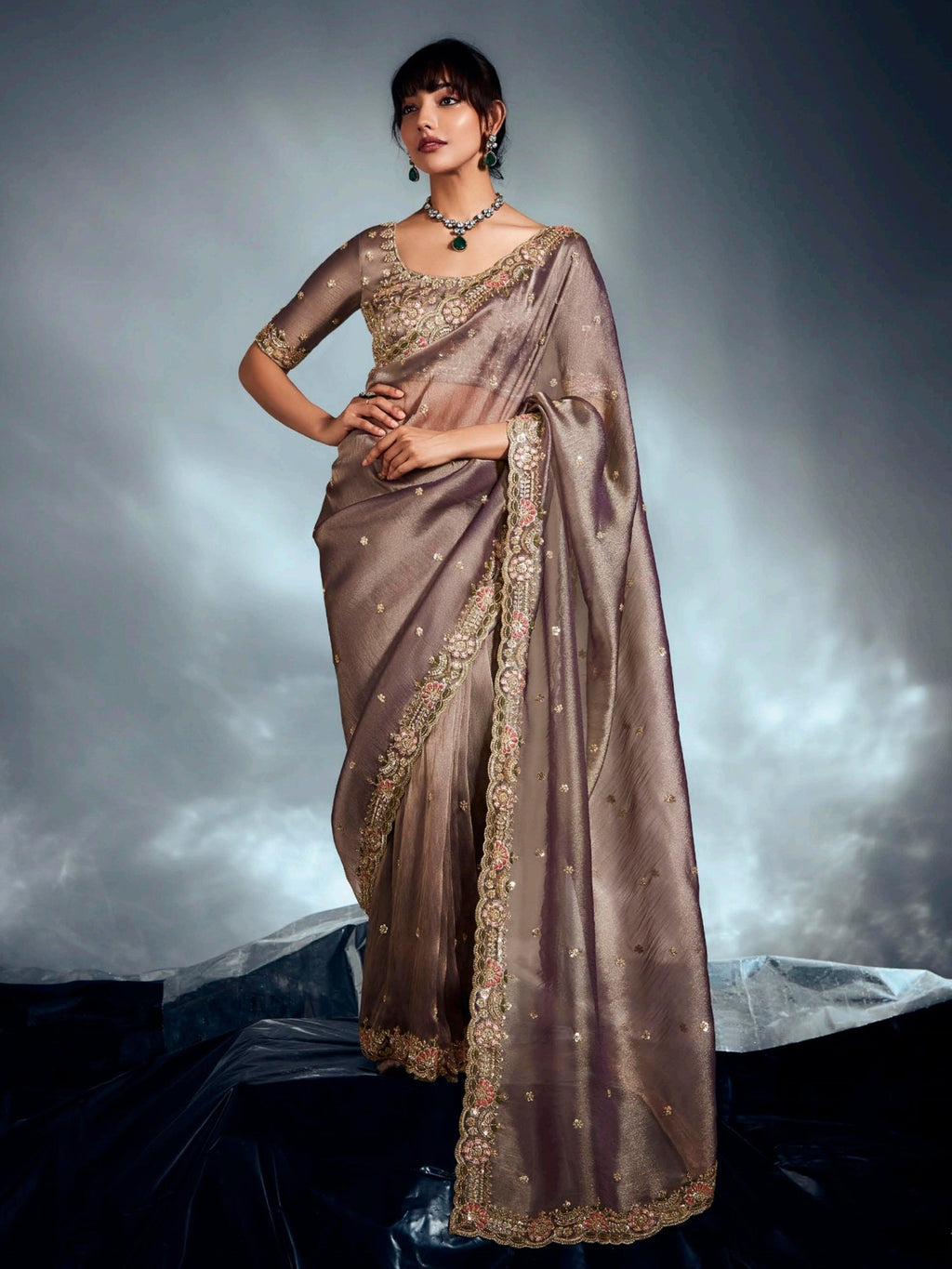Mesmerizing Light Brown Organza Cut Dana Work Function Wear Saree