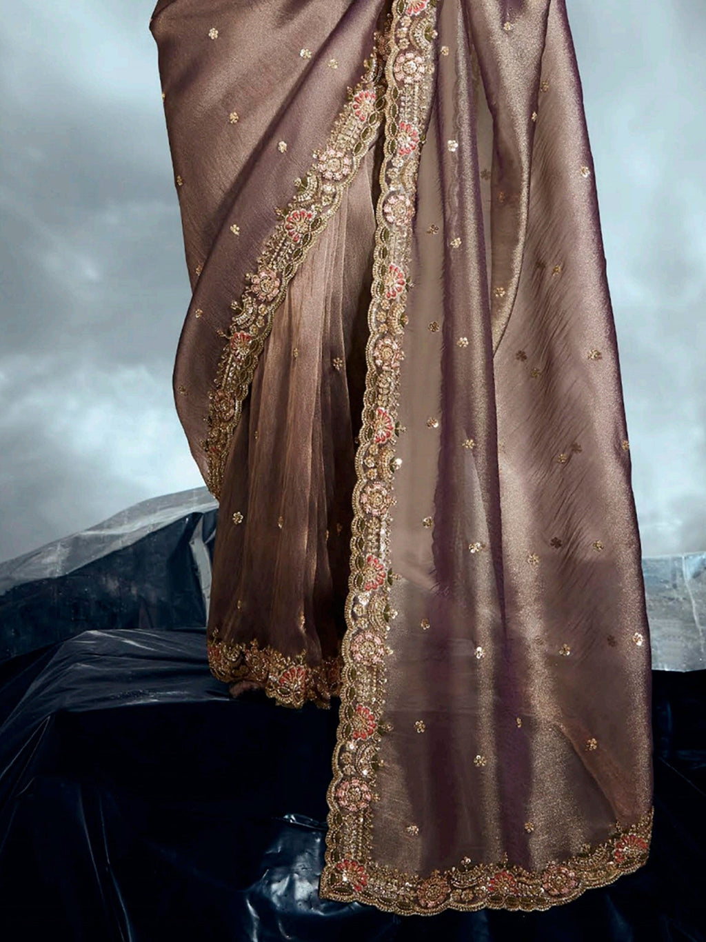 Mesmerizing Light Brown Organza Cut Dana Work Function Wear Saree
