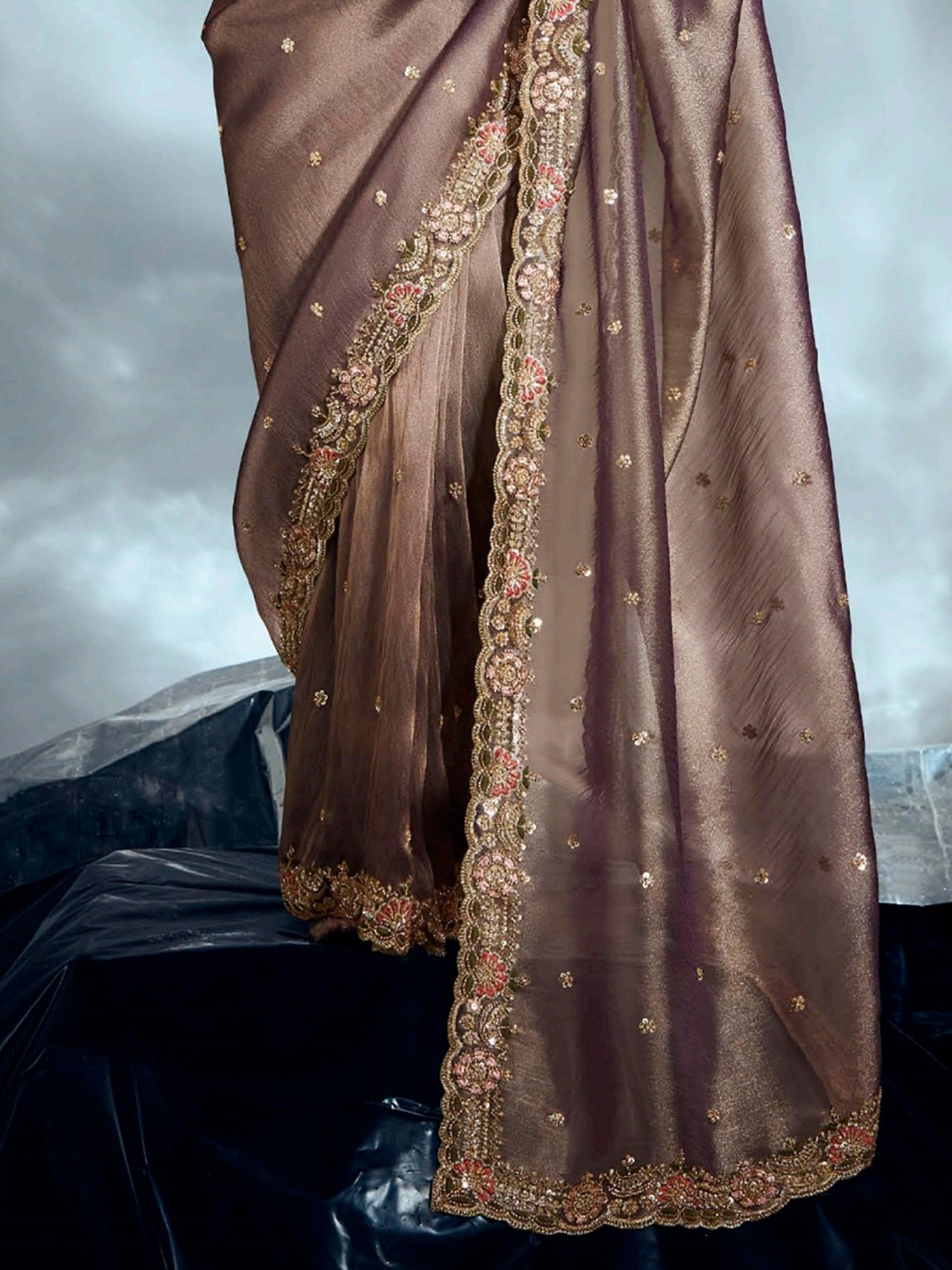 Mesmerizing Light Brown Organza Cut Dana Work Function Wear Saree