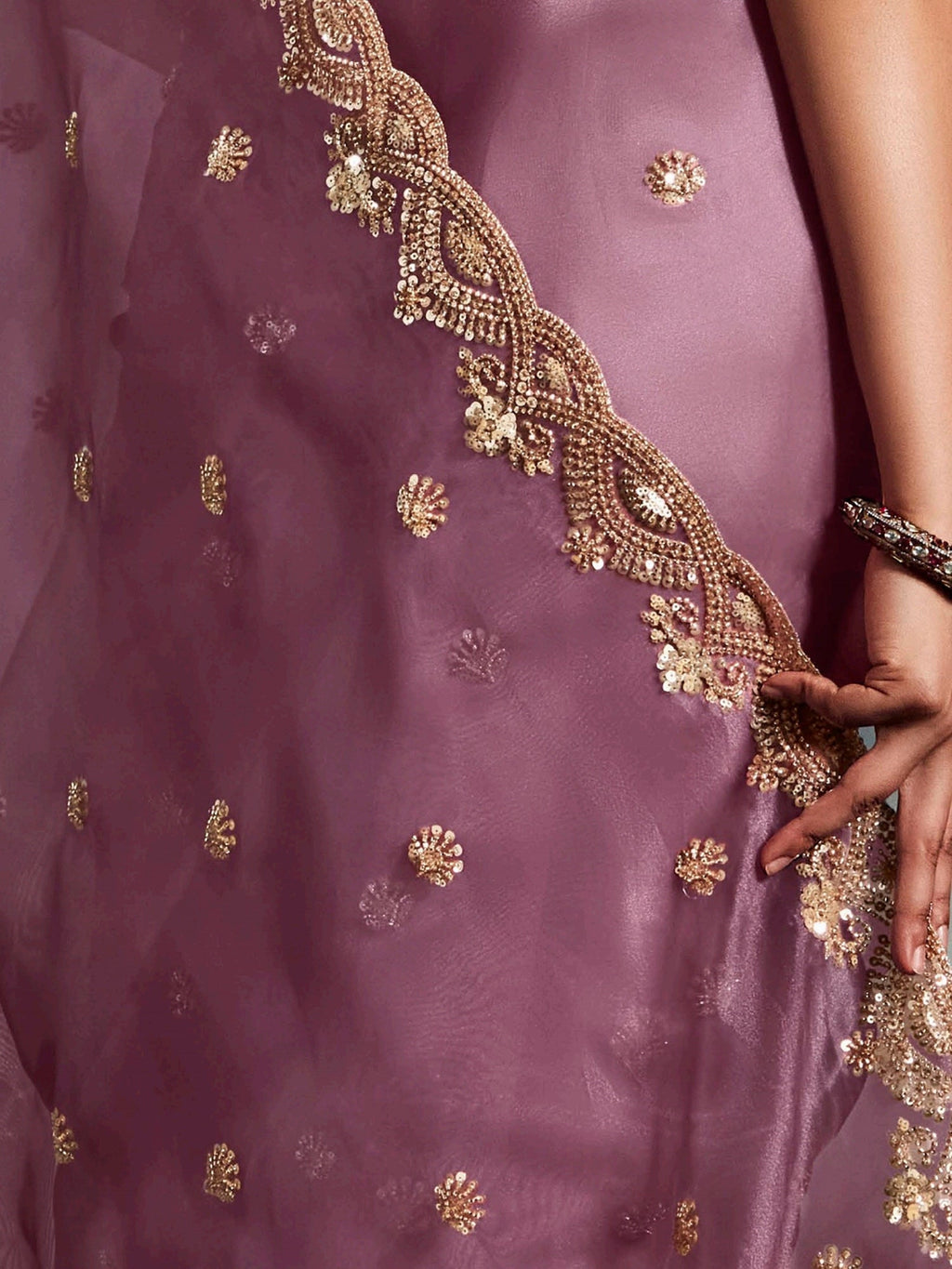 Impressive Lilac Organza Sequins Work Reception Wear Saree