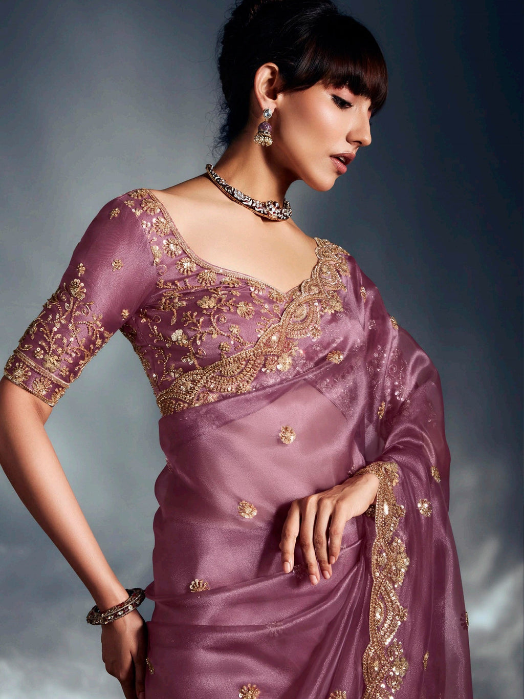 Impressive Lilac Organza Sequins Work Reception Wear Saree
