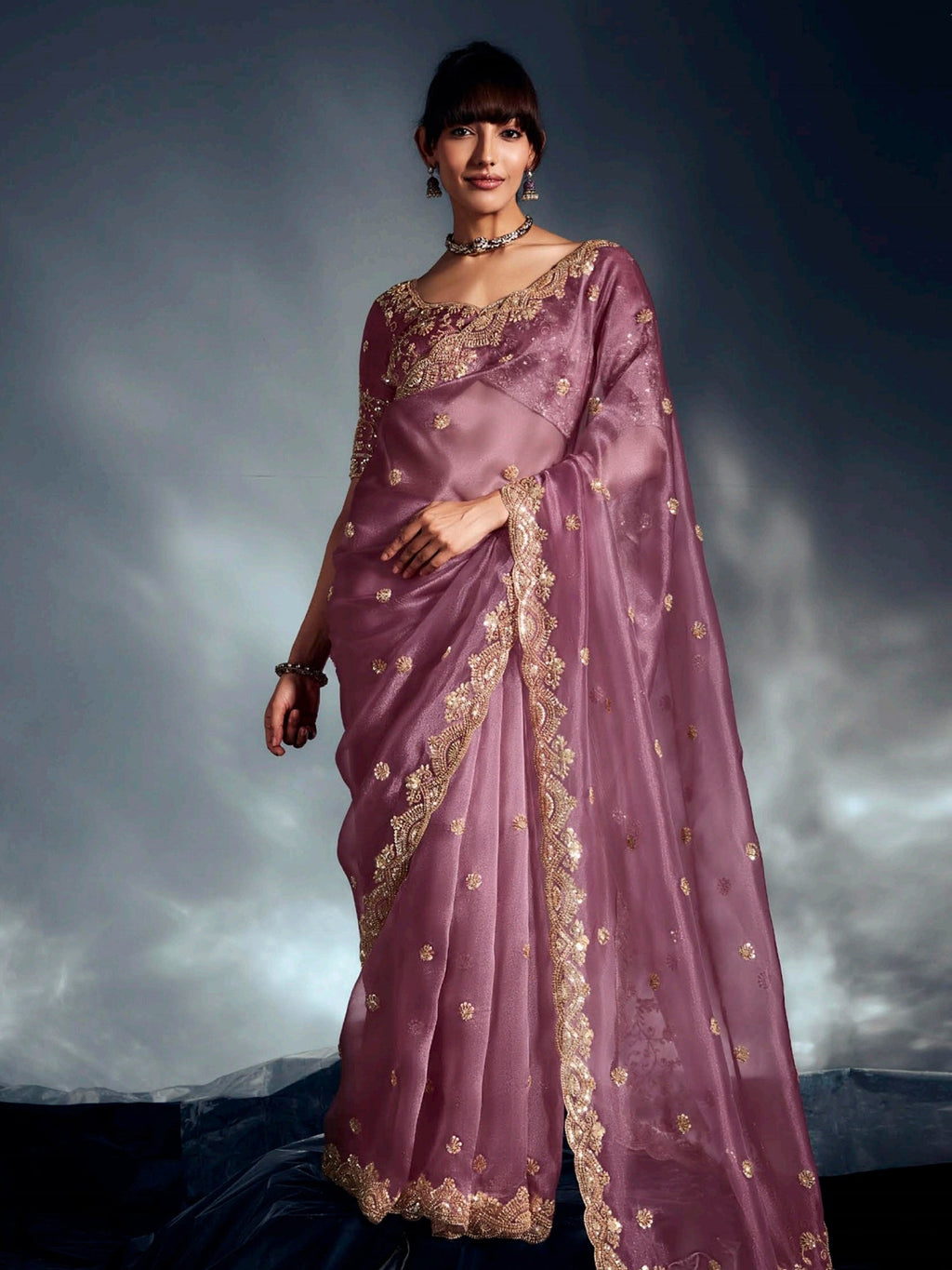 Impressive Lilac Organza Sequins Work Reception Wear Saree