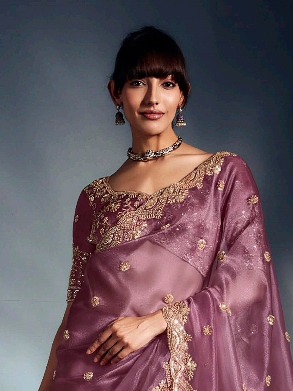 Impressive Lilac Organza Sequins Work Reception Wear Saree
