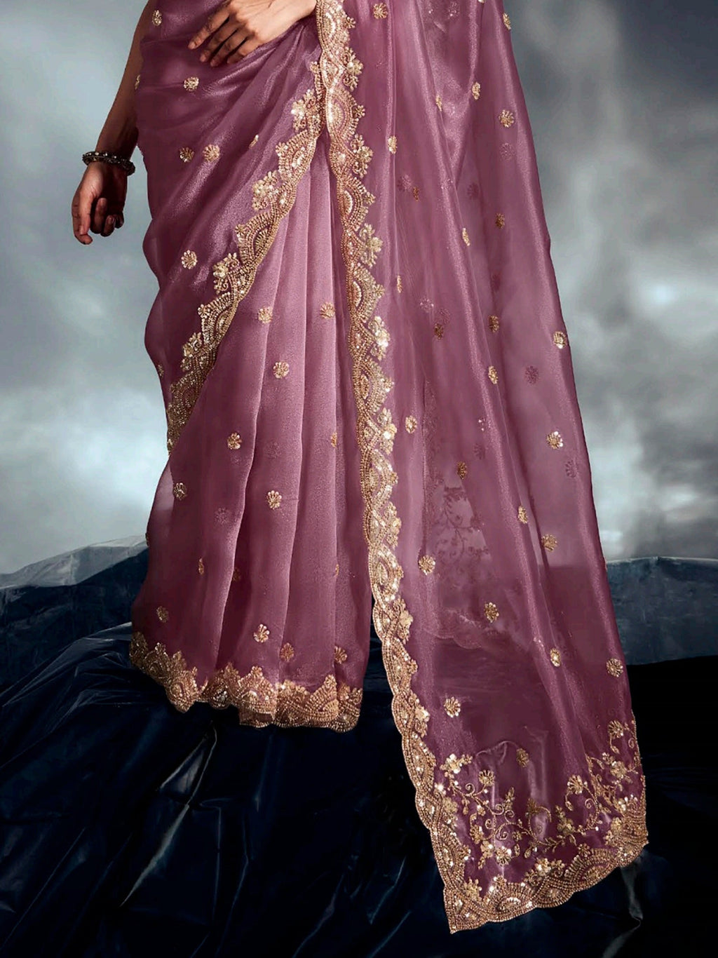 Impressive Lilac Organza Sequins Work Reception Wear Saree