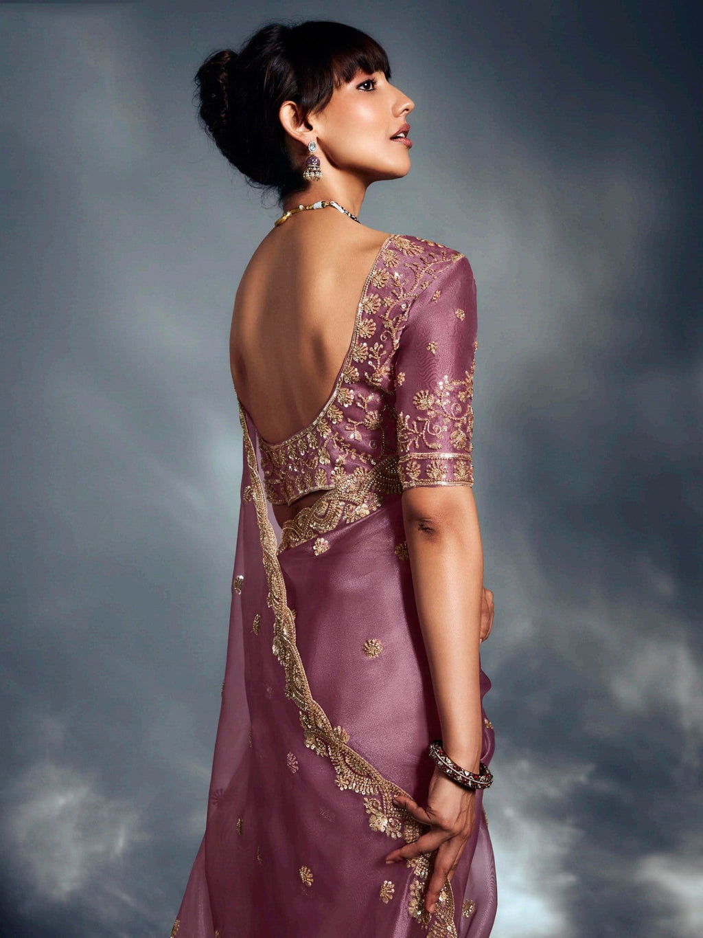 Impressive Lilac Organza Sequins Work Reception Wear Saree