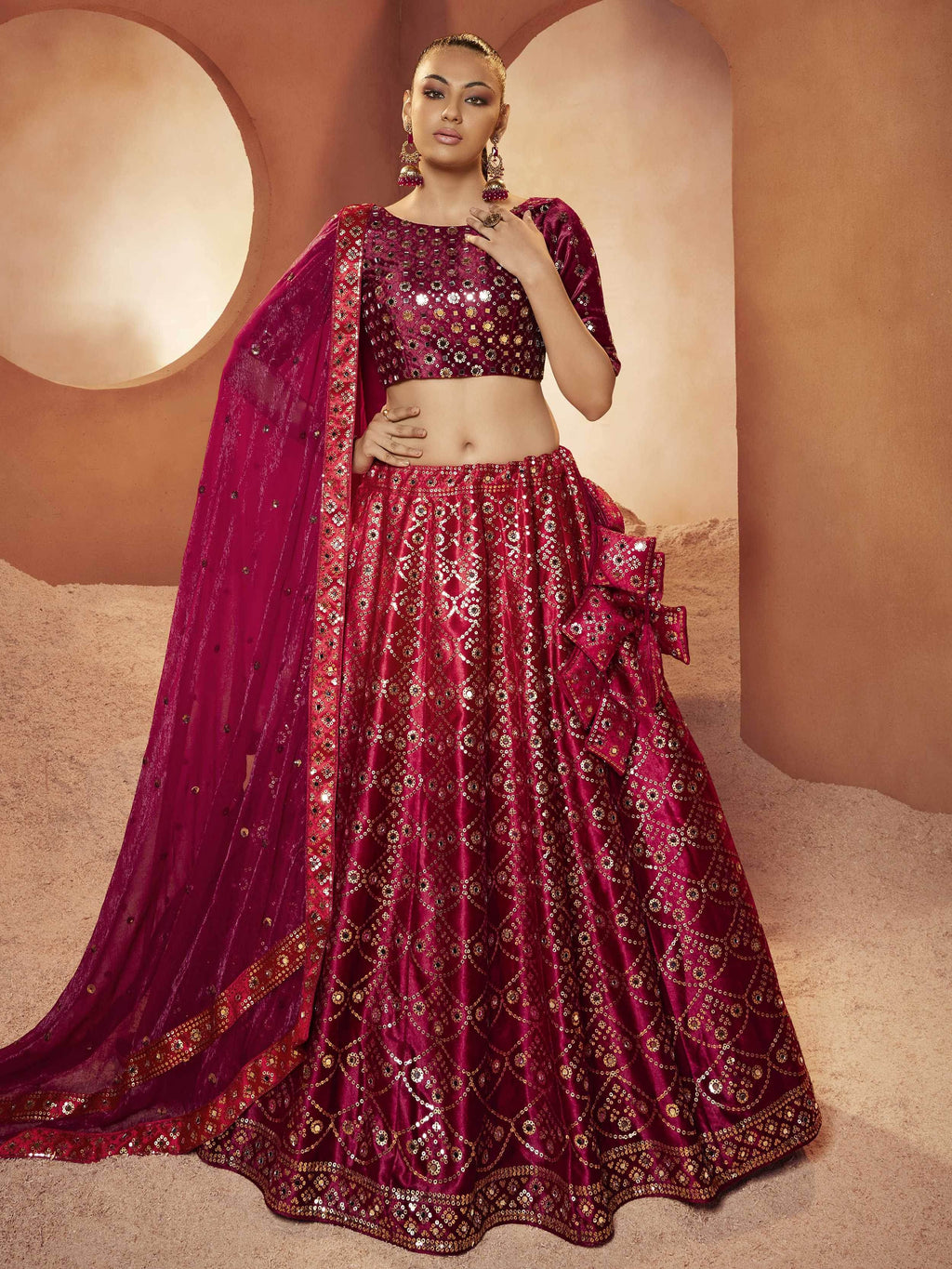 Mesmerizing Magenta Velvet Sequins Work Wedding Lehenga Choli