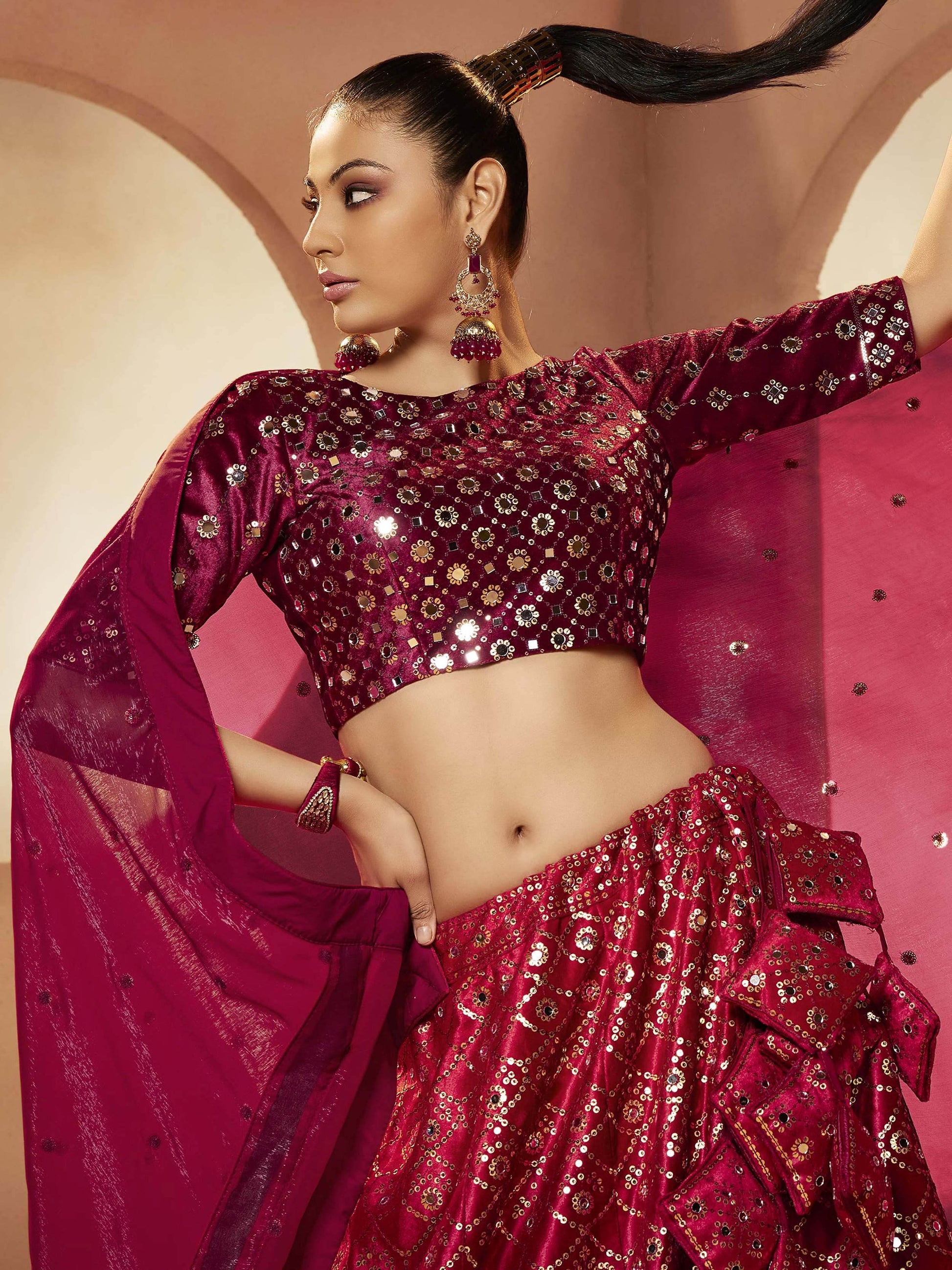 Mesmerizing Magenta Velvet Sequins Work Wedding Lehenga Choli