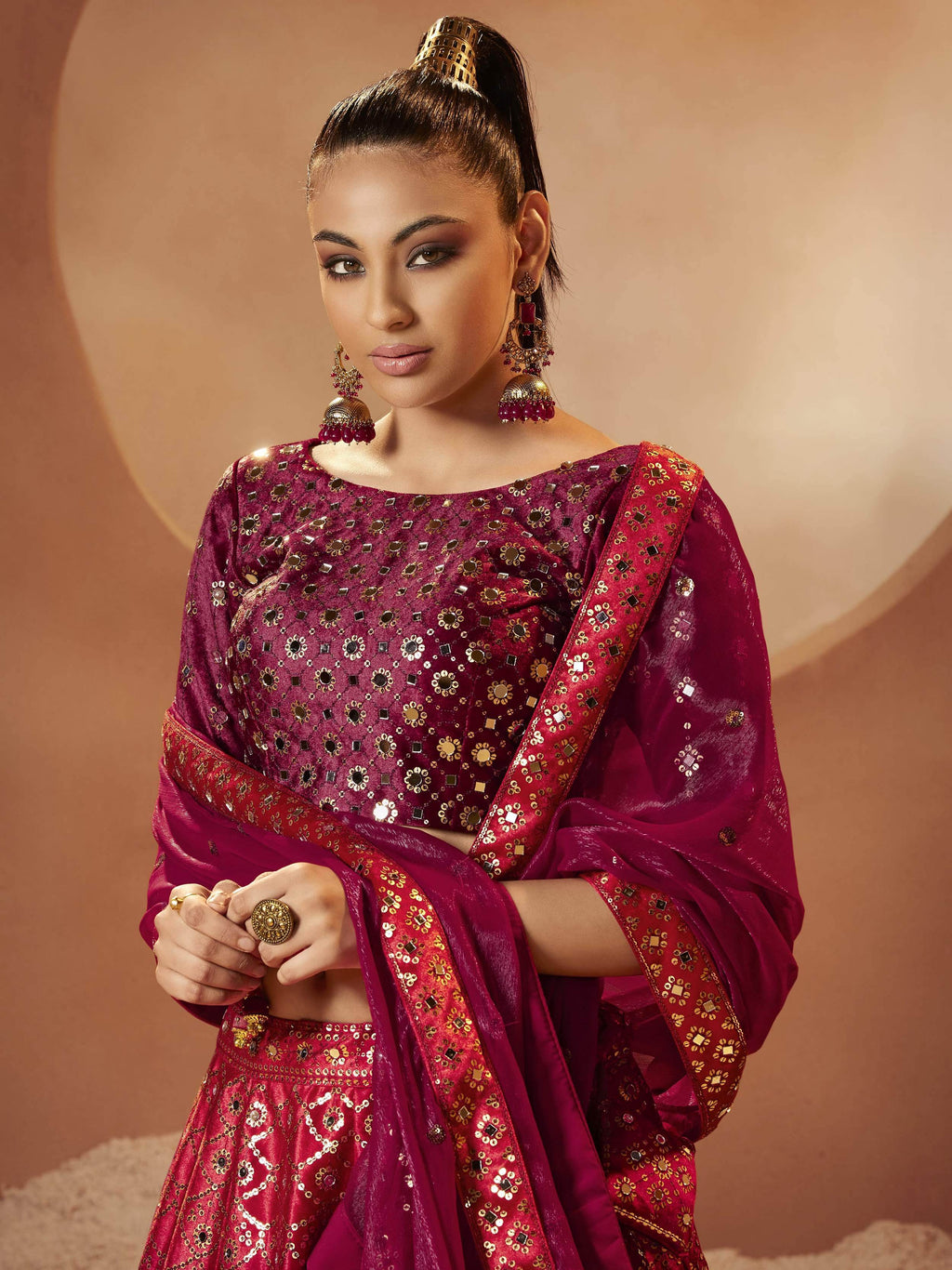 Mesmerizing Magenta Velvet Sequins Work Wedding Lehenga Choli