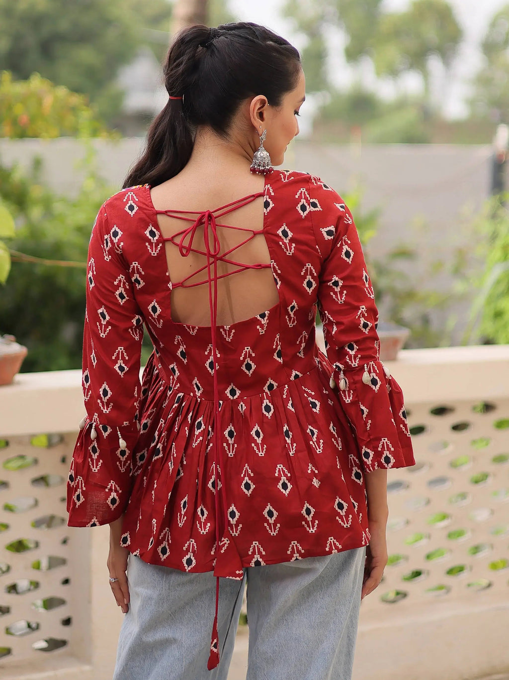 Regal Maroon Cotton Patch Work Festival Wear Peplum Top