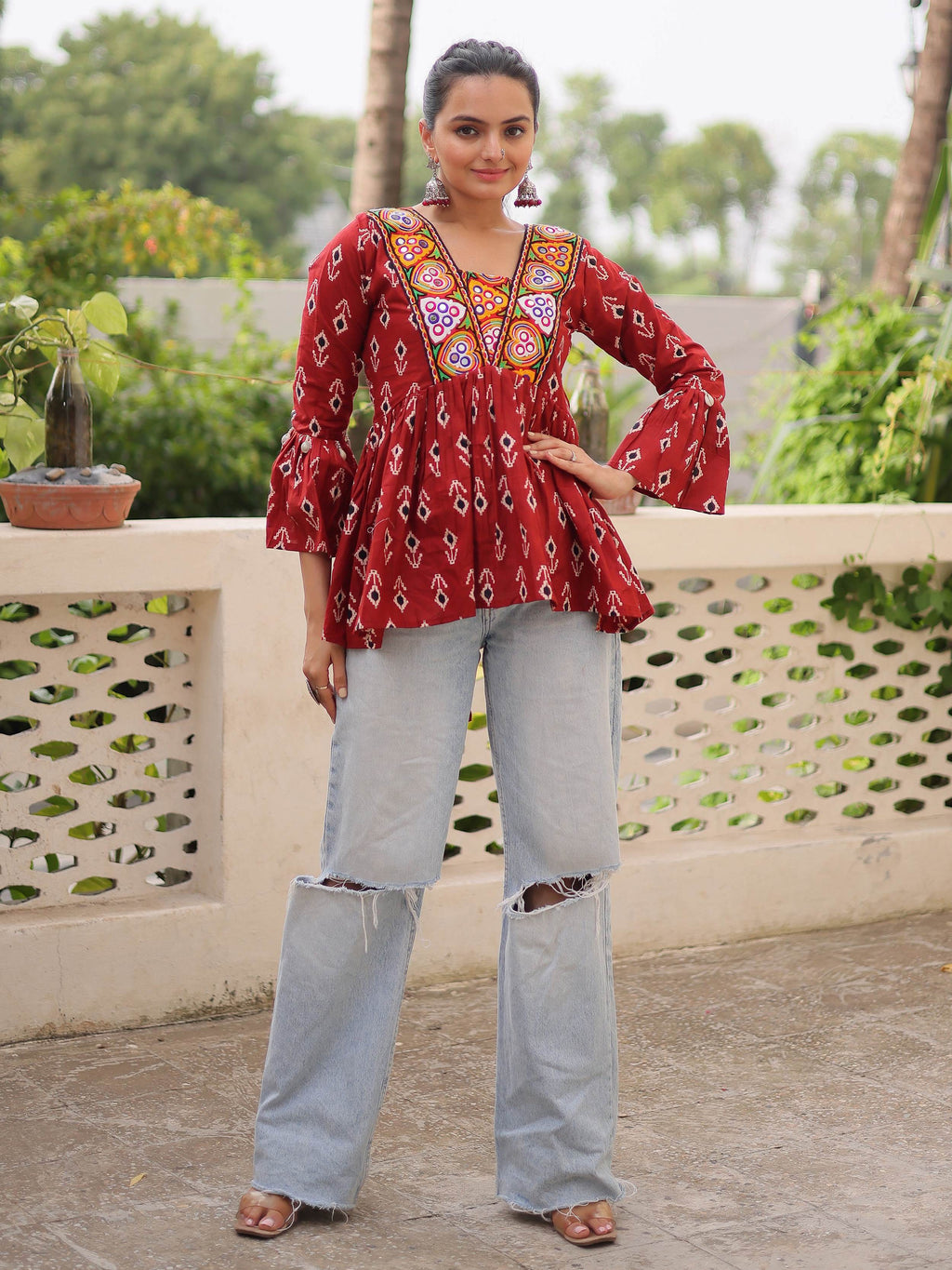 Regal Maroon Cotton Patch Work Festival Wear Peplum Top