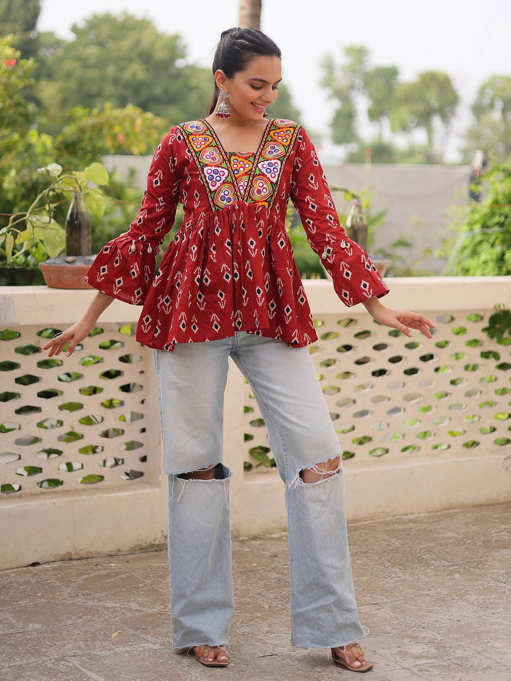 Regal Maroon Cotton Patch Work Festival Wear Peplum Top