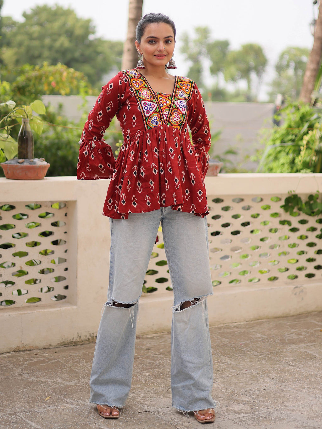 Regal Maroon Cotton Patch Work Festival Wear Peplum Top