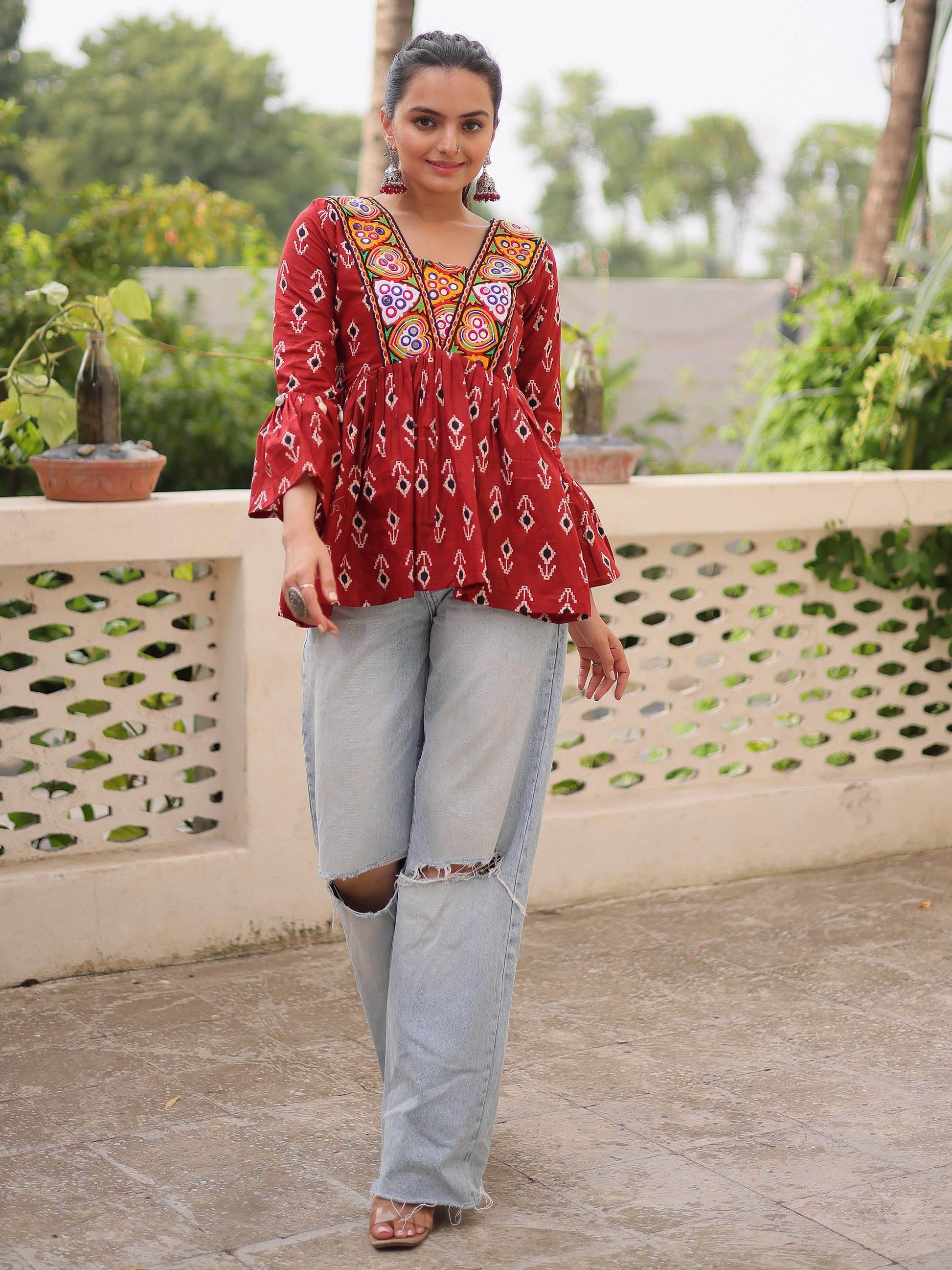 Regal Maroon Cotton Patch Work Festival Wear Peplum Top