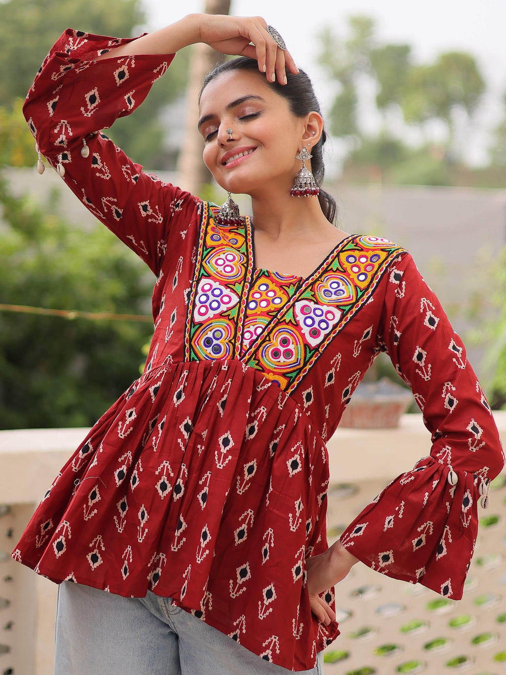 Regal Maroon Cotton Patch Work Festival Wear Peplum Top