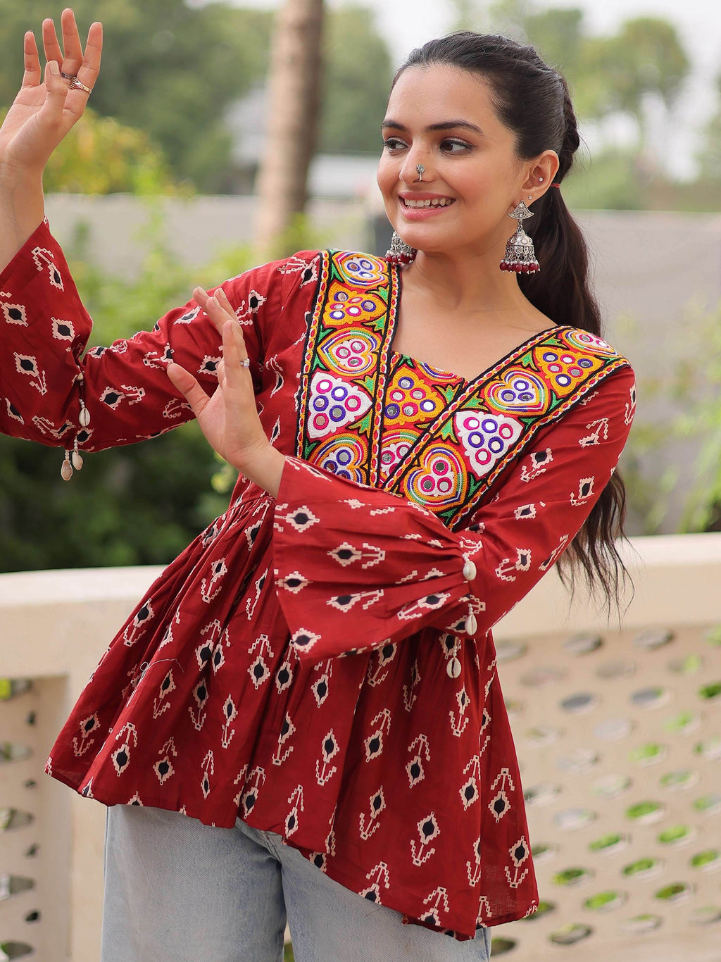 Regal Maroon Cotton Patch Work Festival Wear Peplum Top