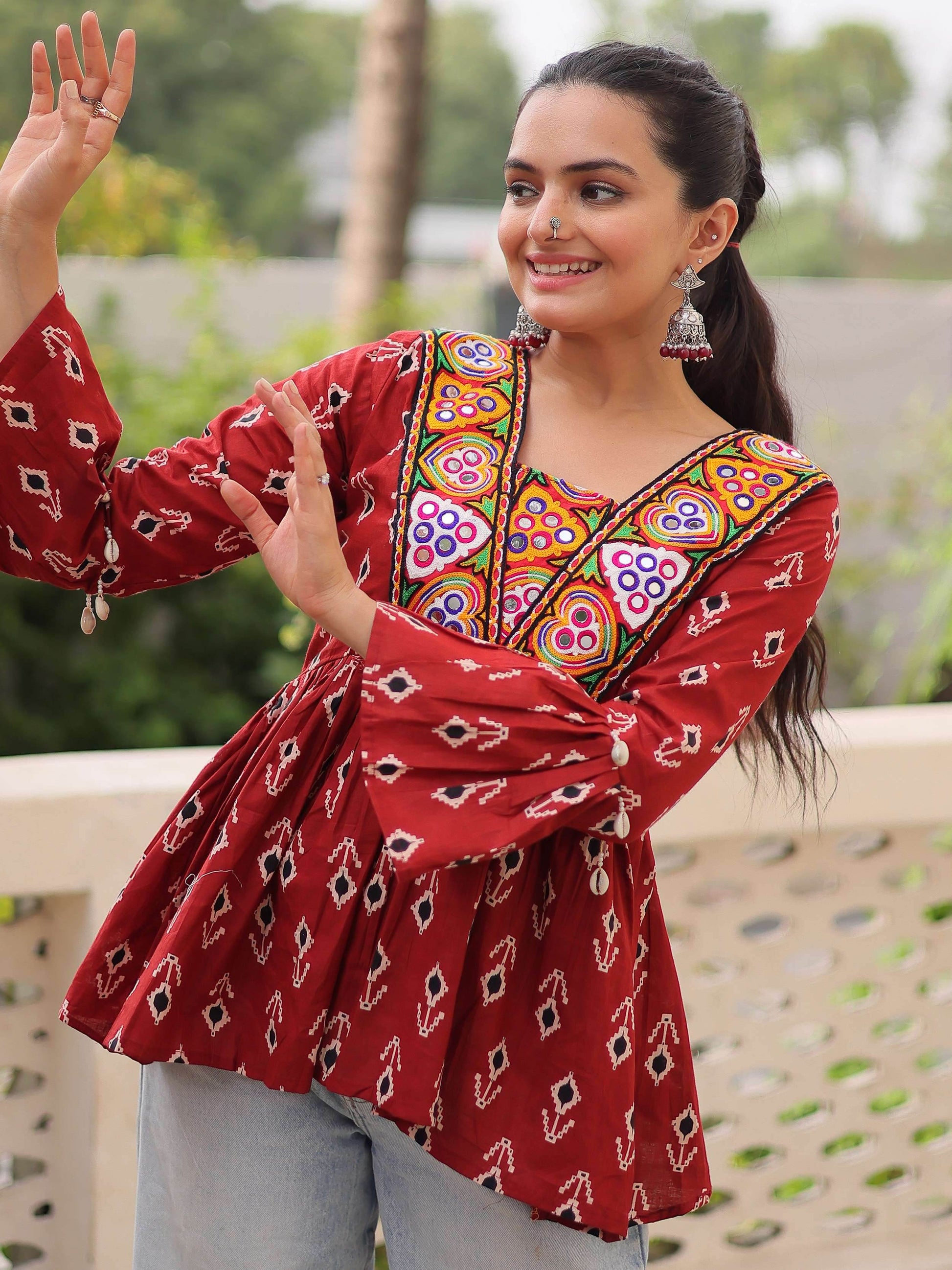 Regal Maroon Cotton Patch Work Festival Wear Peplum Top