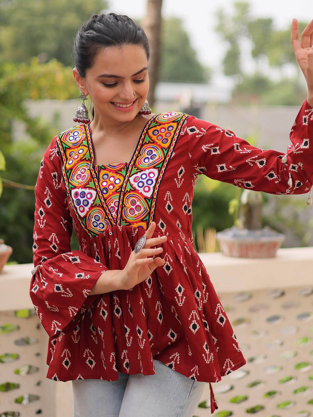 Regal Maroon Cotton Patch Work Festival Wear Peplum Top