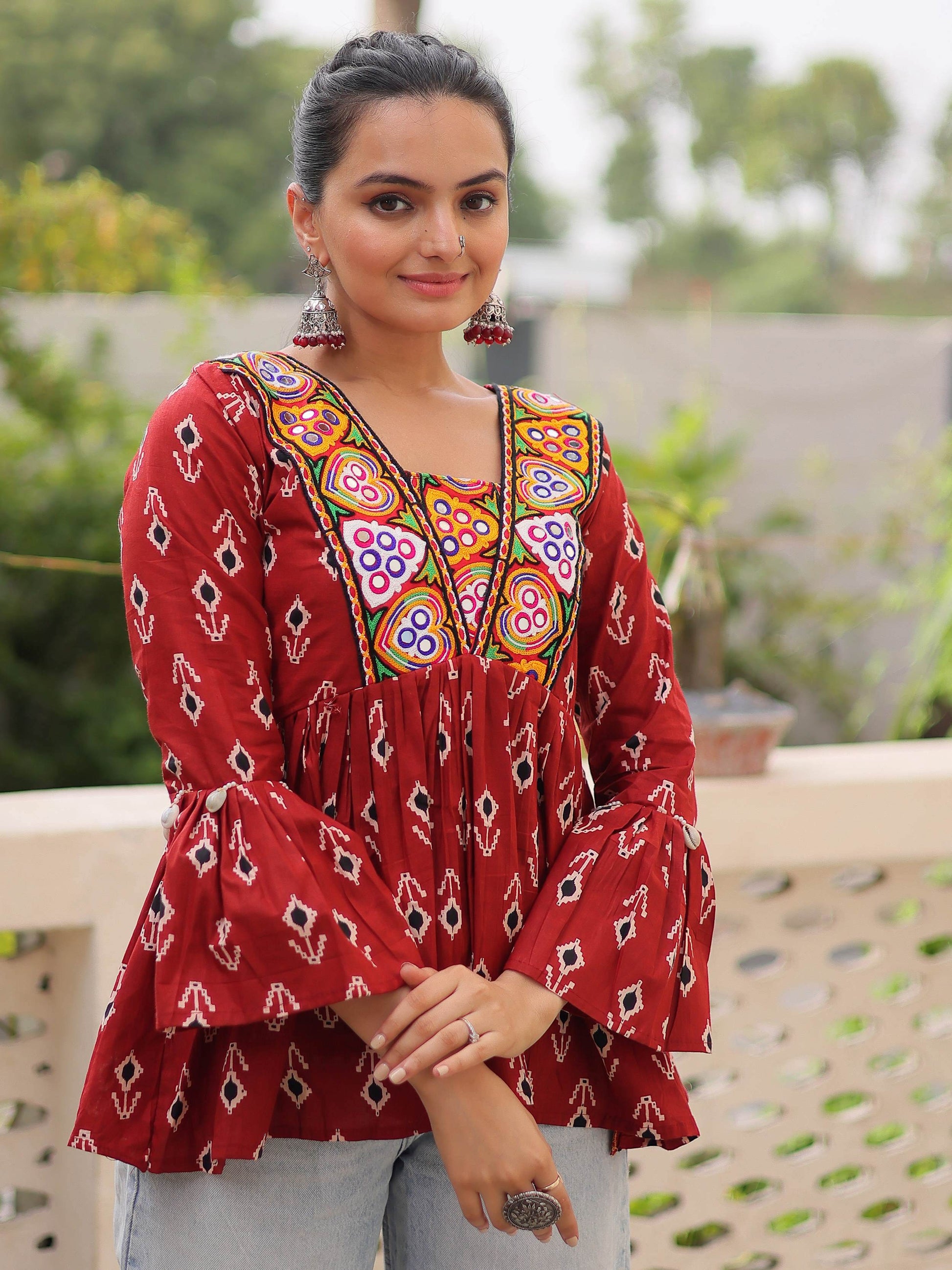 Regal Maroon Cotton Patch Work Festival Wear Peplum Top