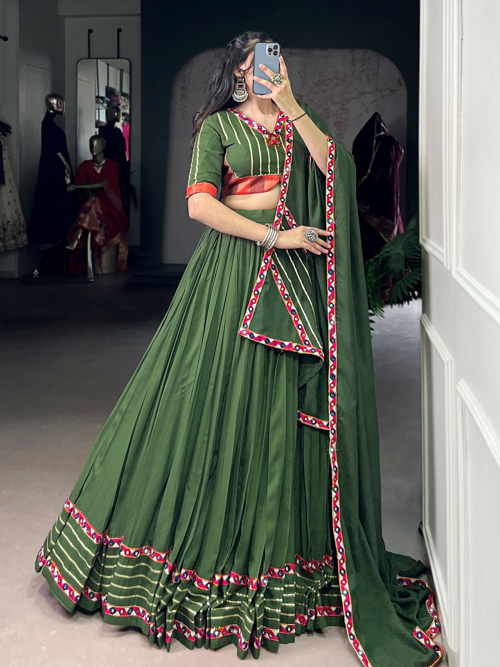 Gleaming Green Rayon Mirror Work Festival Wear Lehenga Choli