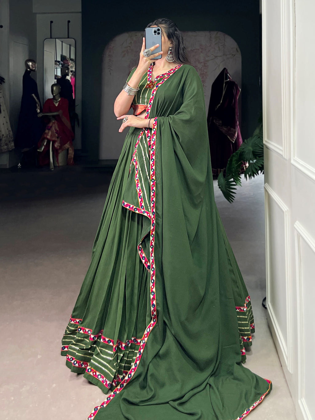 Gleaming Green Rayon Mirror Work Festival Wear Lehenga Choli