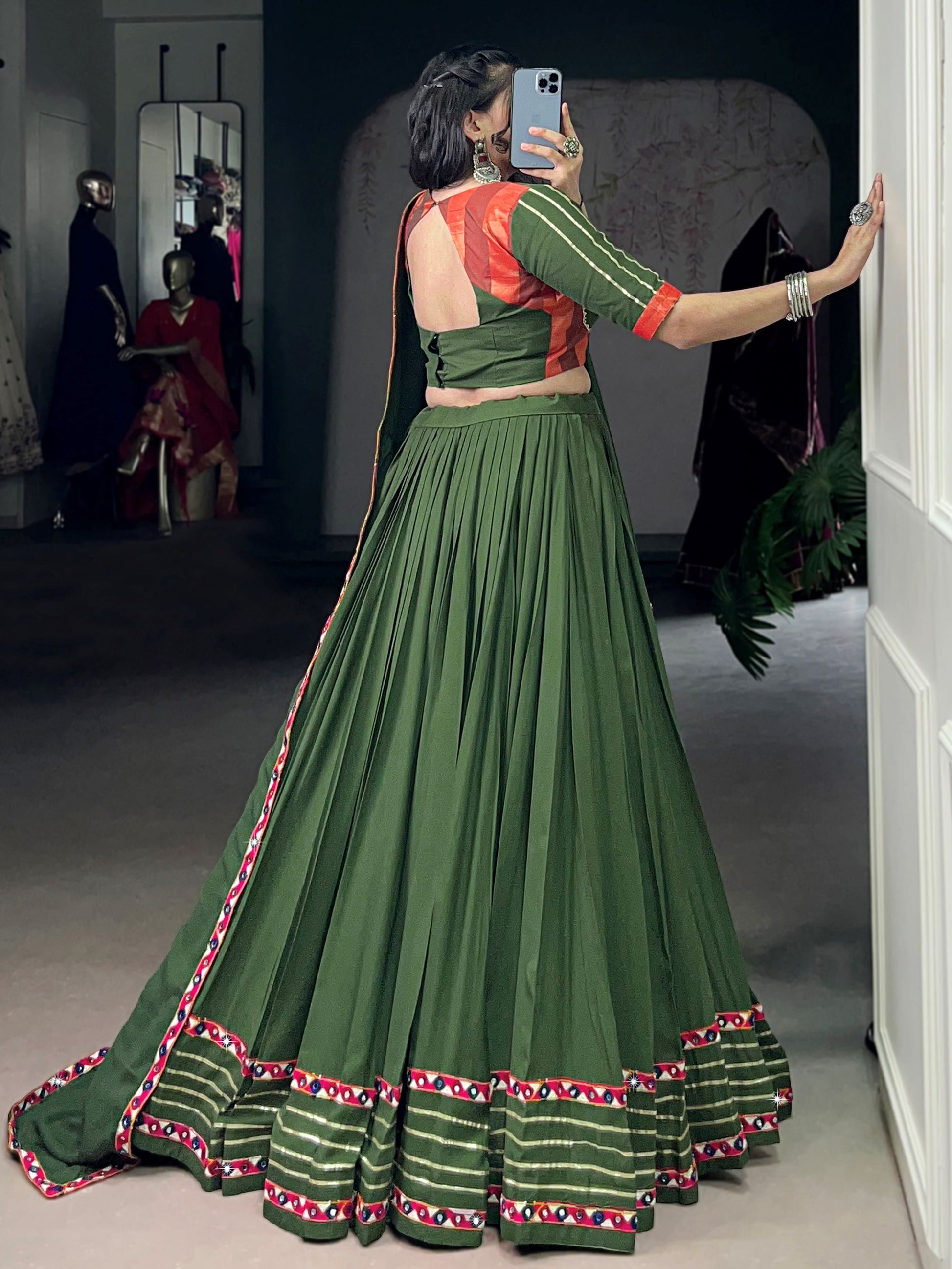 Gleaming Green Rayon Mirror Work Festival Wear Lehenga Choli