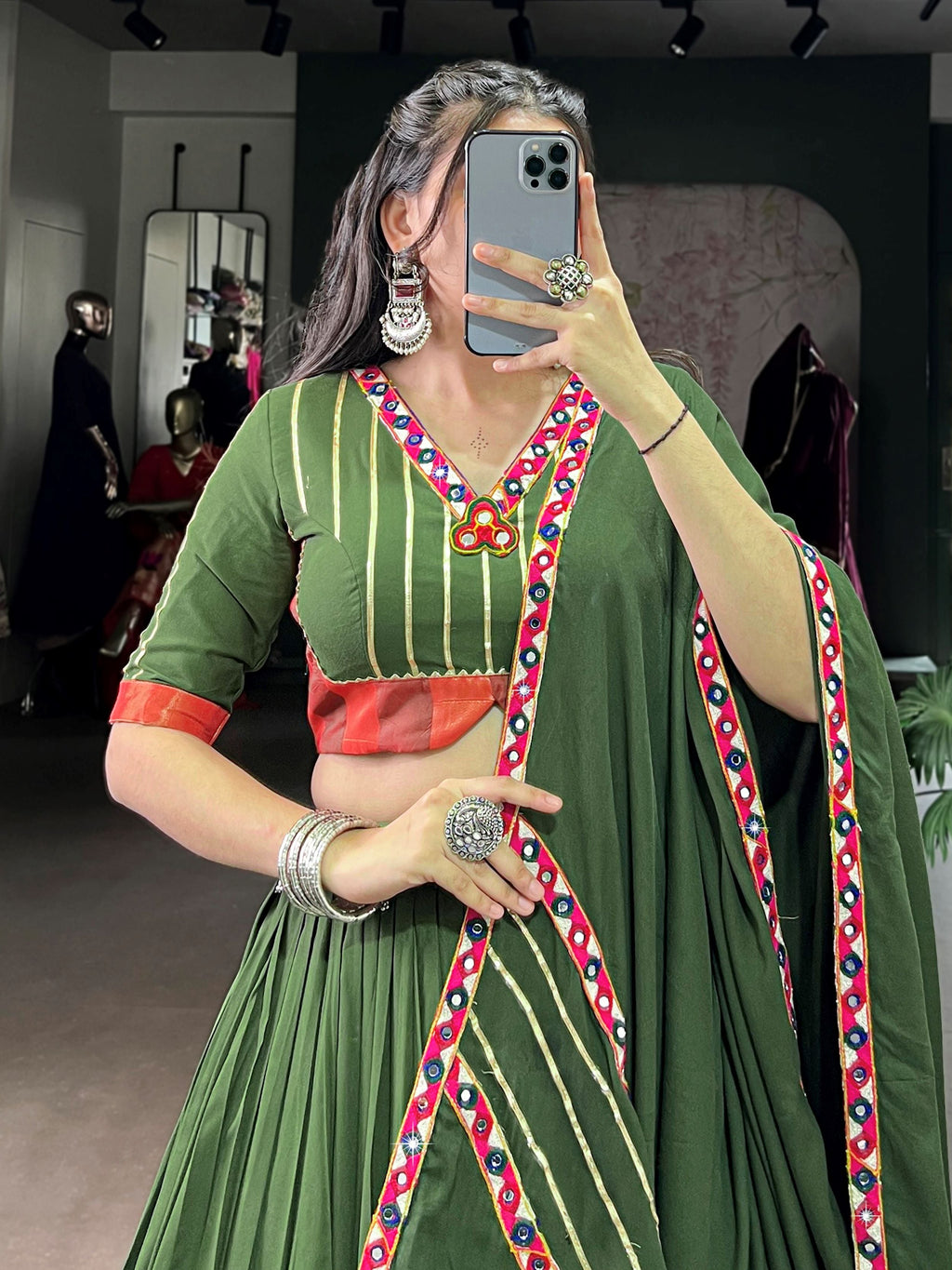 Gleaming Green Rayon Mirror Work Festival Wear Lehenga Choli