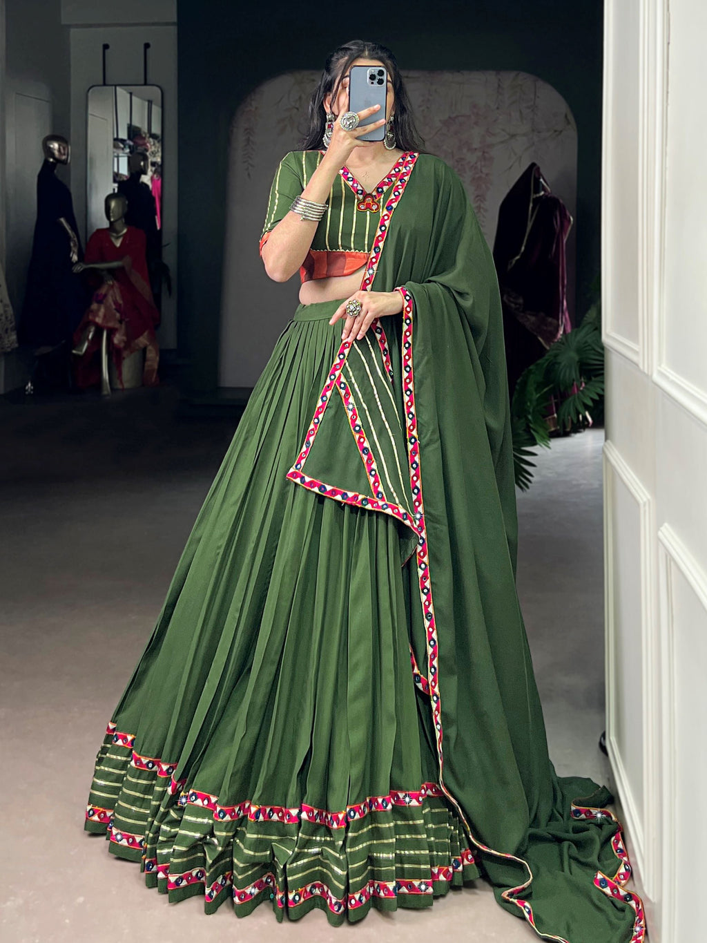 Gleaming Green Rayon Mirror Work Festival Wear Lehenga Choli