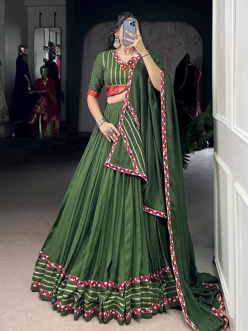 Gleaming Green Rayon Mirror Work Festival Wear Lehenga Choli