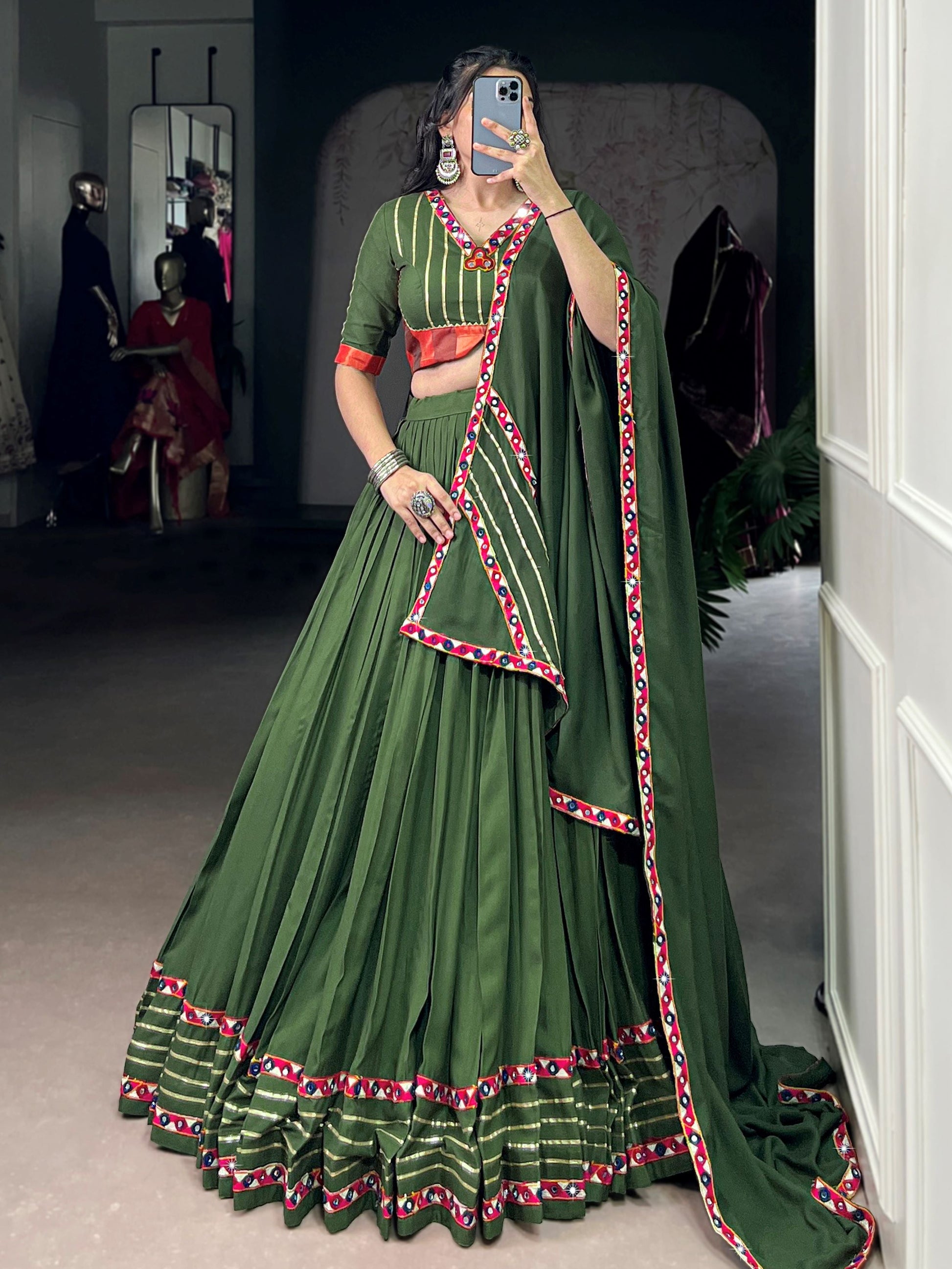 Gleaming Green Rayon Mirror Work Festival Wear Lehenga Choli