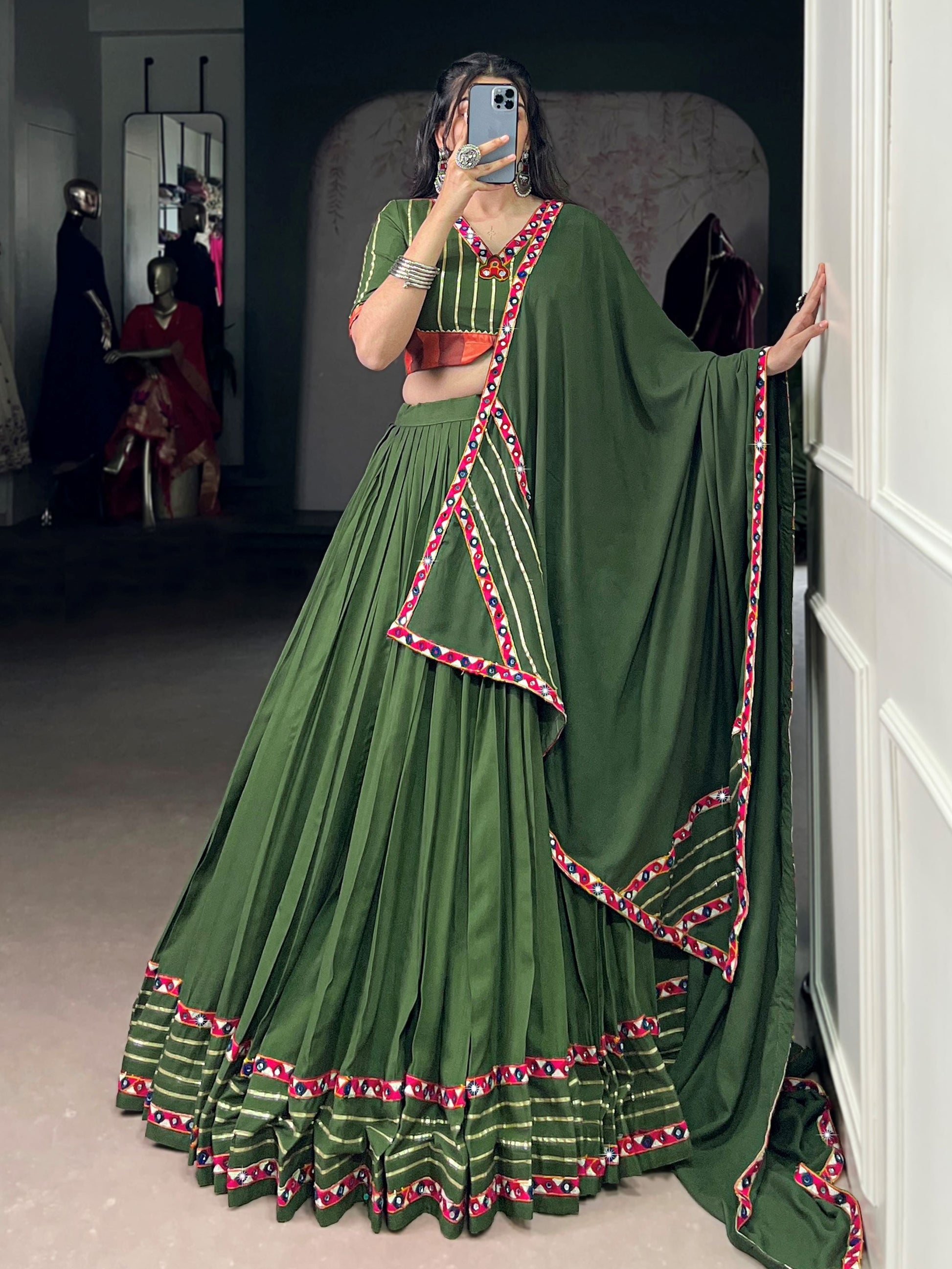 Gleaming Green Rayon Mirror Work Festival Wear Lehenga Choli