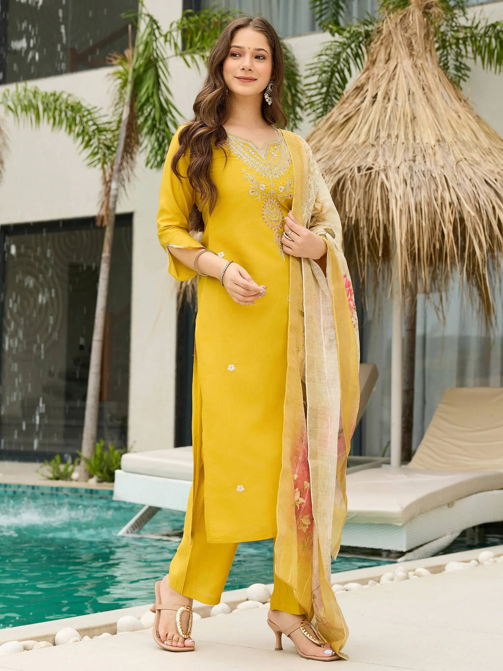 Artistic Yellow Viscose Sequins Haldi Wear Suit With Printed Dupatta