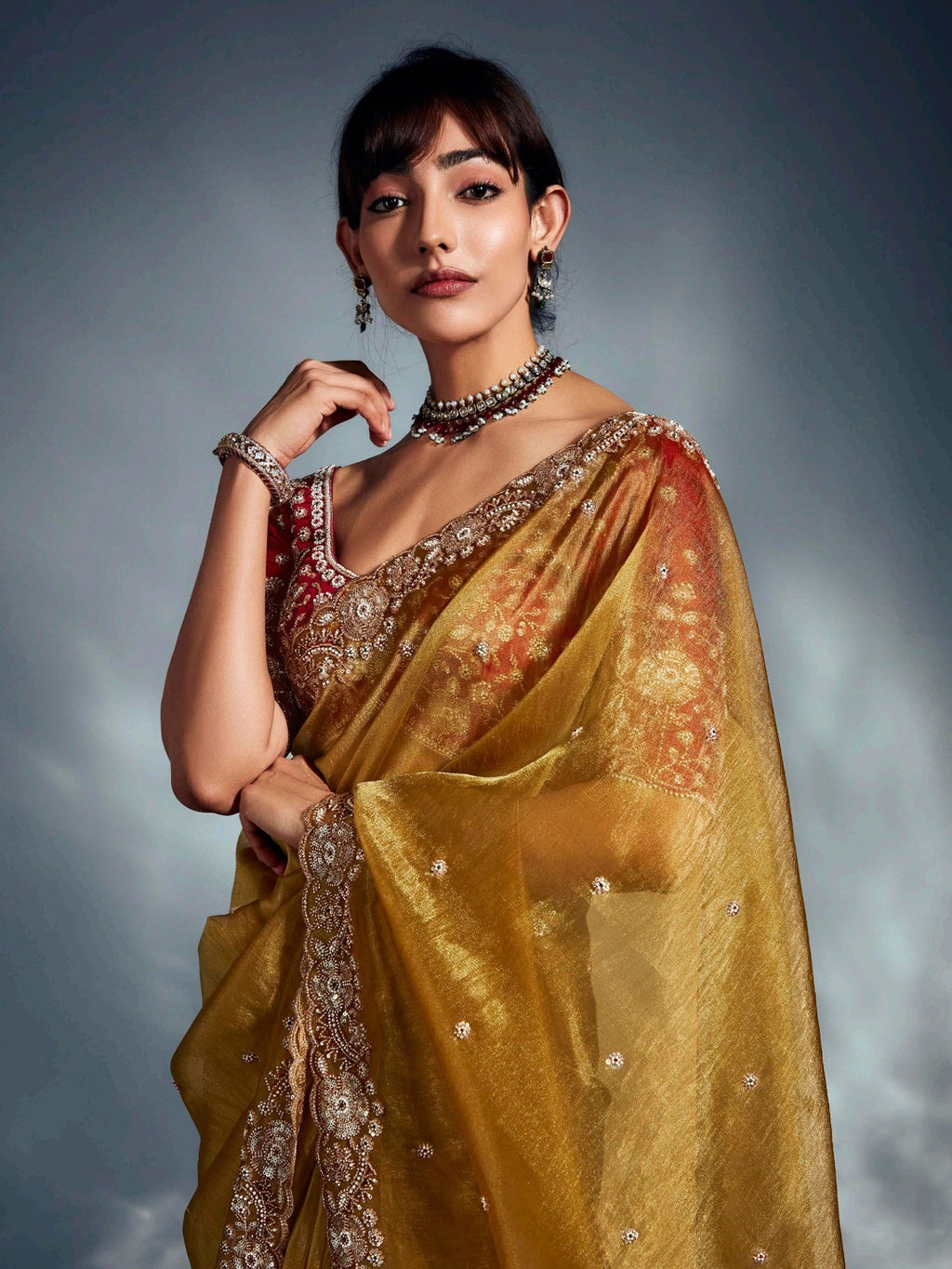 Fascinating Mustard Yellow Organza Border Work Haldi Wear Saree